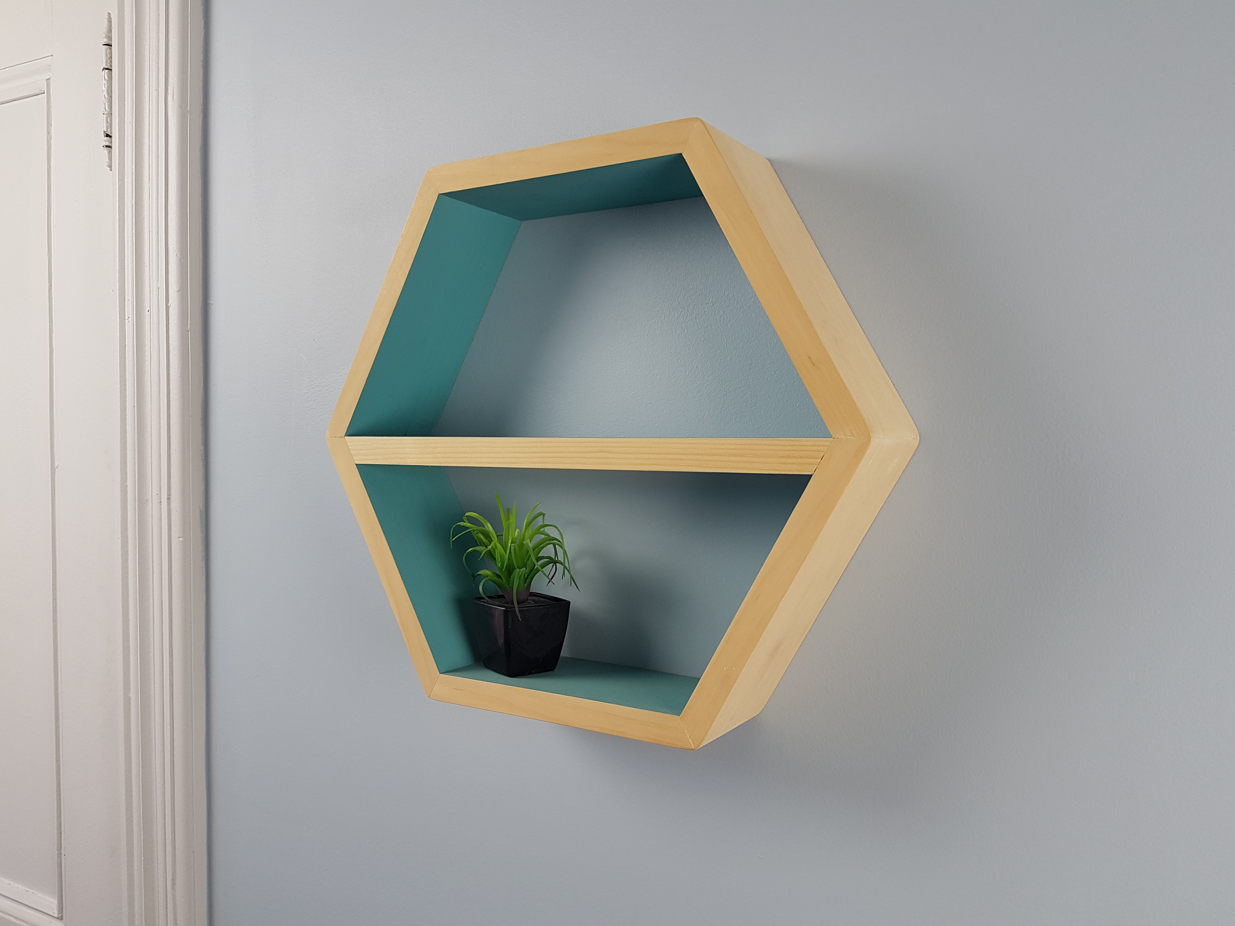 Hexagon Shelf Single 16", With Mid Shelf, Floating Shelves- Light Teal and Natural