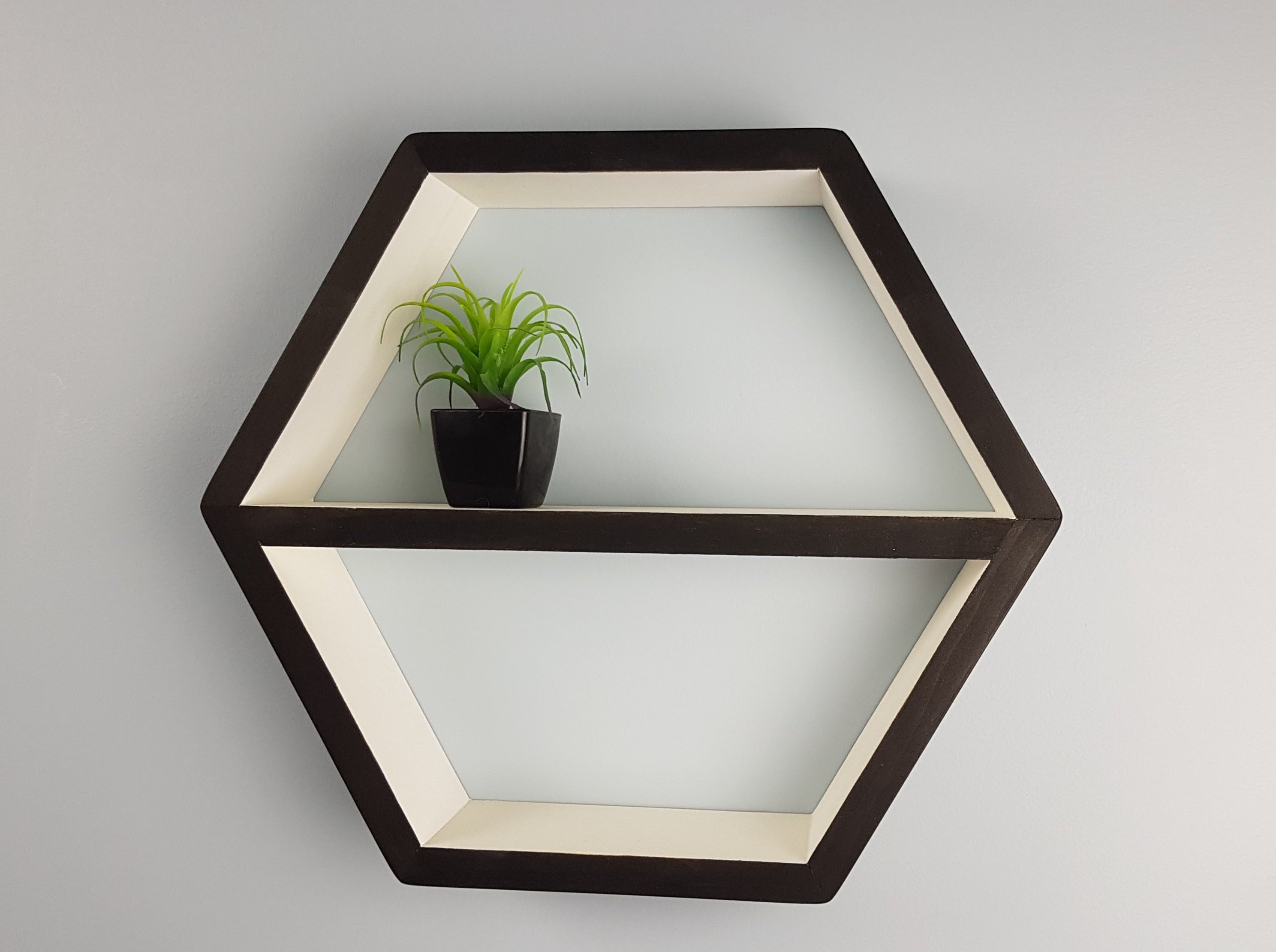 Hexagon Shelf Single 16", With Mid Shelf, Floating Shelves- White and Black