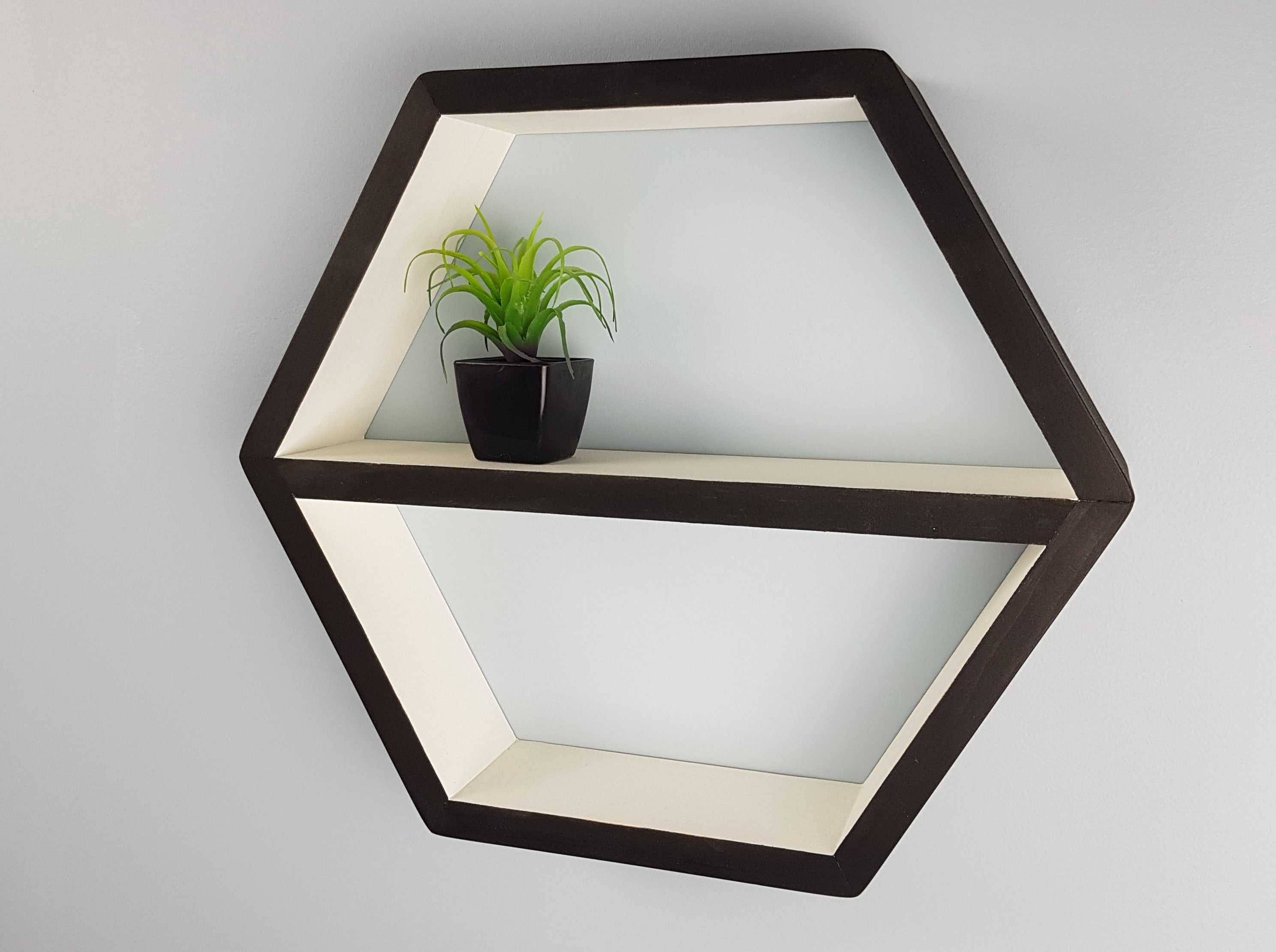 Hexagon Shelf Single 16", With Mid Shelf, Floating Shelves- White and Black