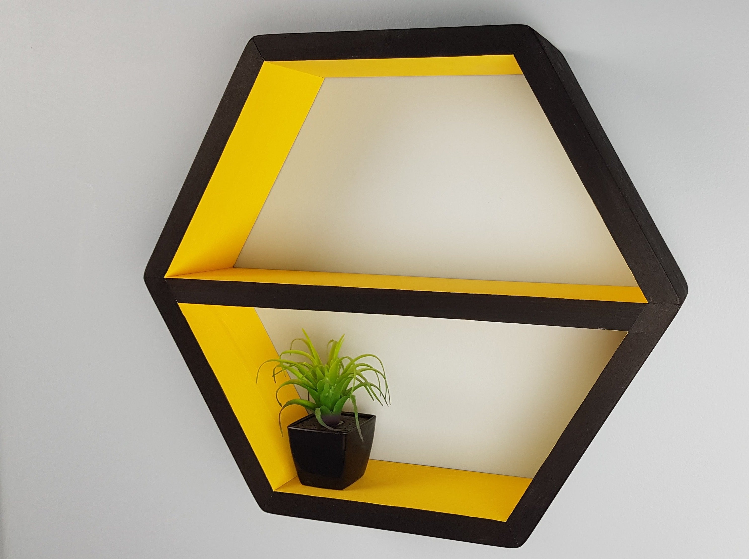 Hexagon Shelf Single 16", With Mid Shelf, Floating Shelves- Yellow and Black