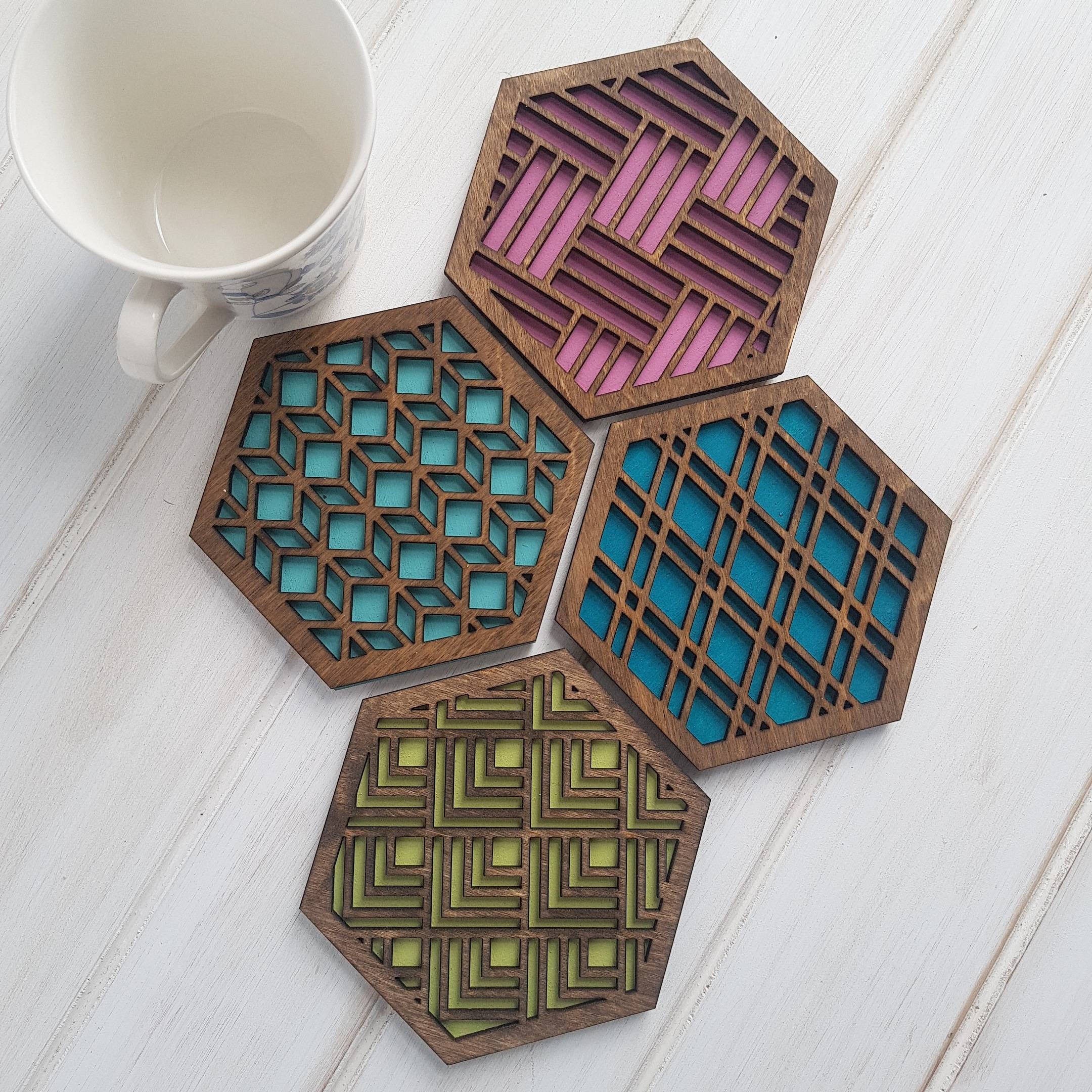 Unique Modern Coaster, Design Your Own Set, Colorful Coasters, Single or Sets, Geometric Coasters, Housewarming Gift, Teal Coaster, design walnut