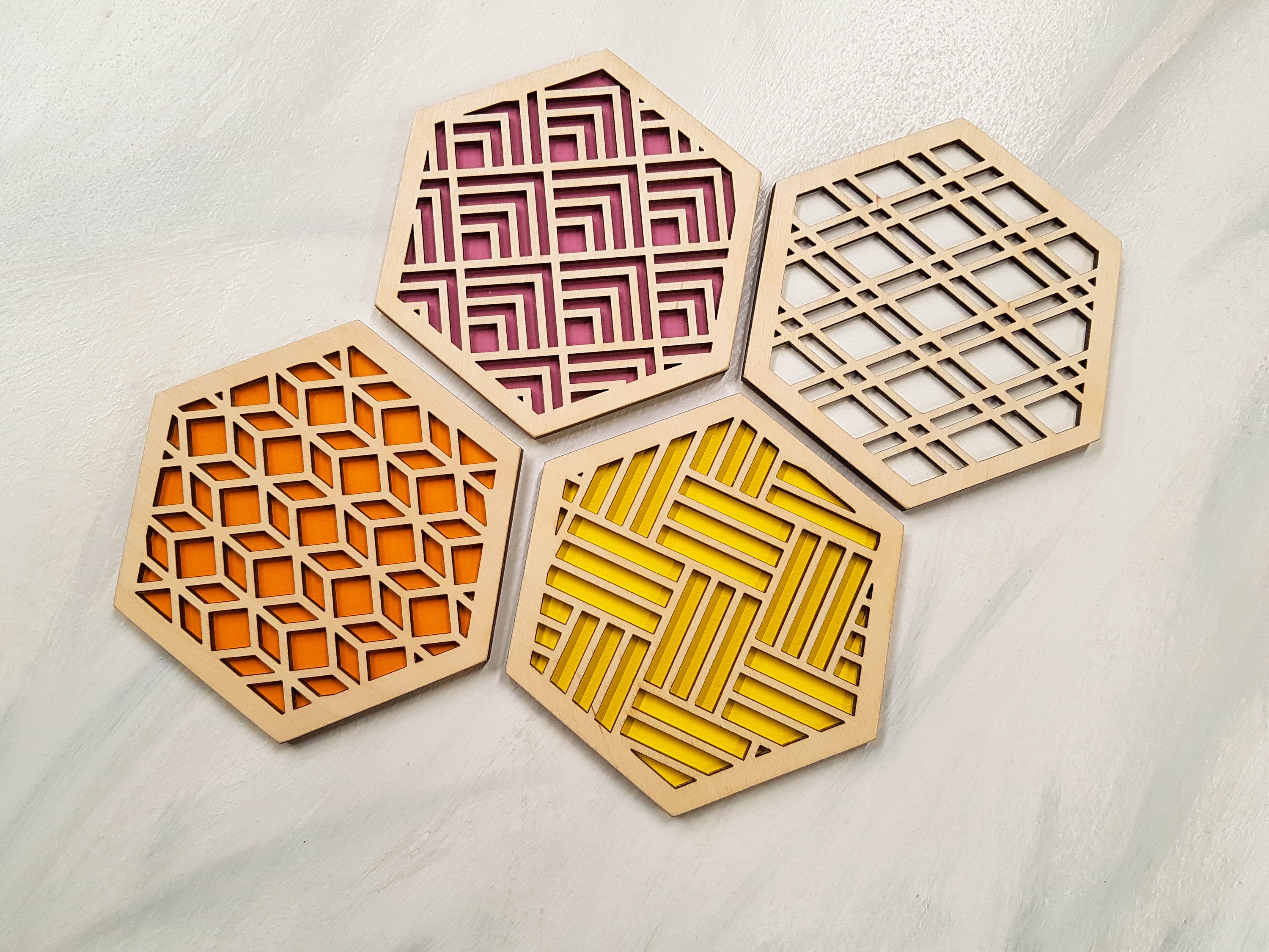 Hexagon Coaster, Fun Coaster, Modern Coaster, Geometric Coaster, Cool Unique Coaster, Wood Coaster Set, Coffer Table Coaster, grey warm