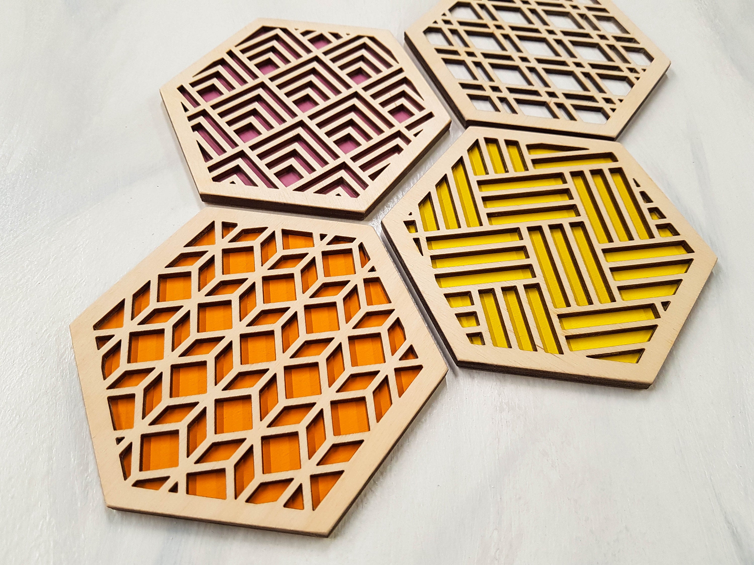 Hexagon Coaster, Fun Coaster, Modern Coaster, Geometric Coaster, Cool Unique Coaster, Wood Coaster Set, Coffer Table Coaster, grey warm