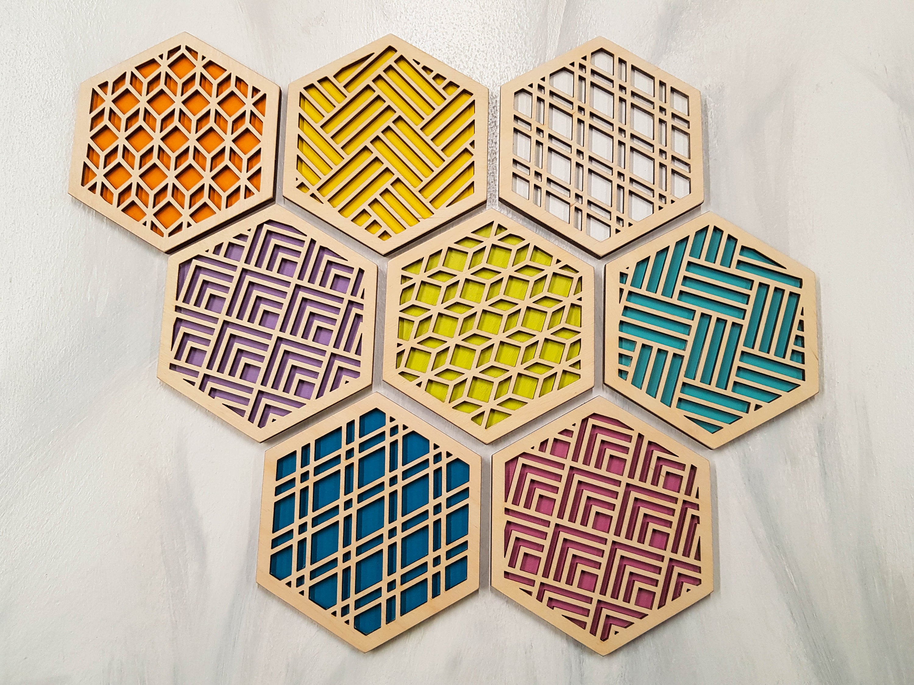 Unique Modern Coaster, Colorful Coasters, Set of Eight, Geometric Coasters, Wood Coaster Set, Coffer Table Coaster, Hexagon Coaster, Natural AllUnique Modern Coaster, Colorful Coasters, Set of Eight, Geometric Coasters, Wood Coaster Set, Coffer Table Coaster, Hexagon Coaster, Natural All