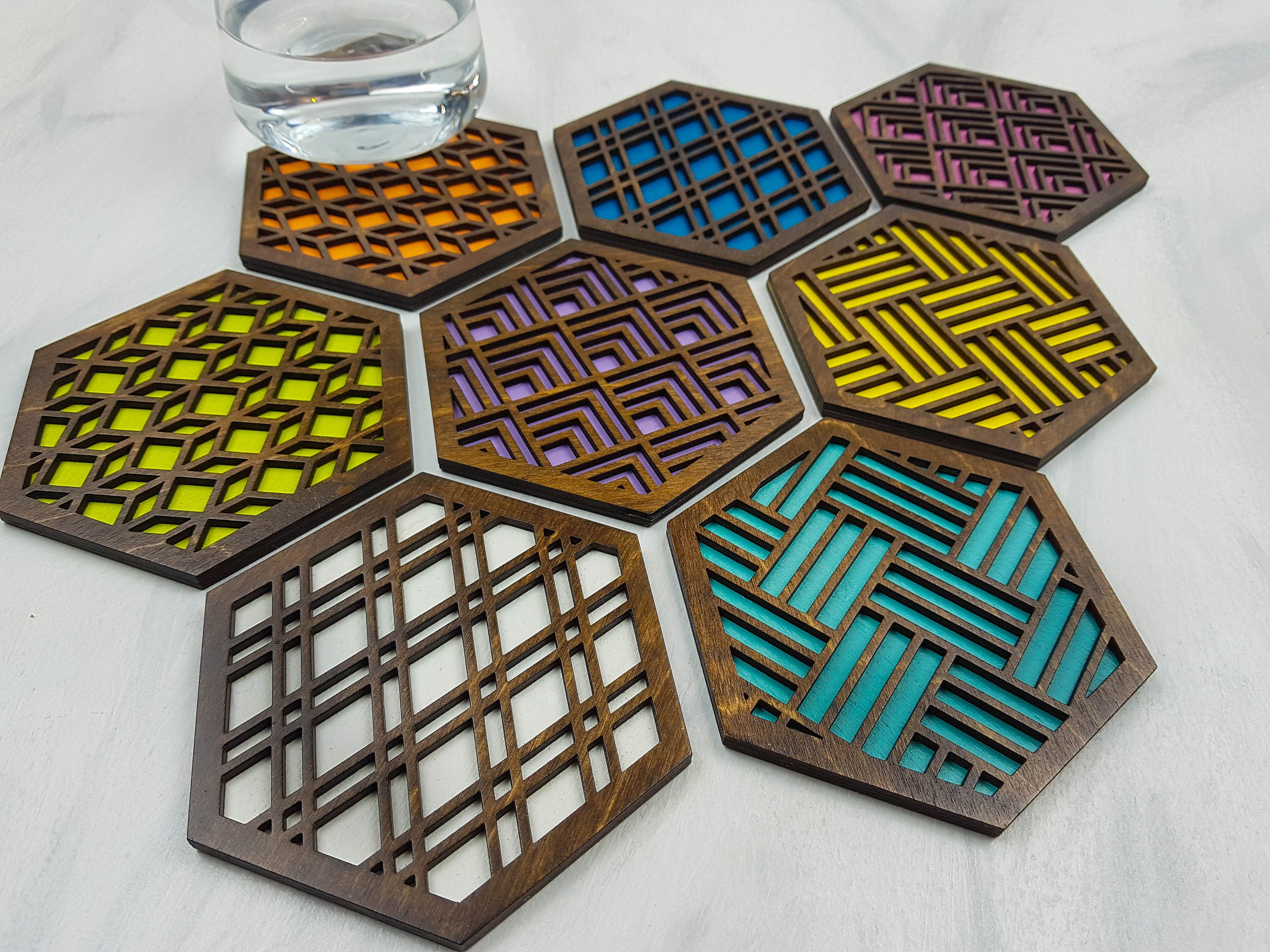 Unique Modern Coaster, Colorful Coasters, Set of Eight, Geometric Coasters, Wood Coaster Set, Coffer Table Coaster, Hexagon Coaster, walnut all