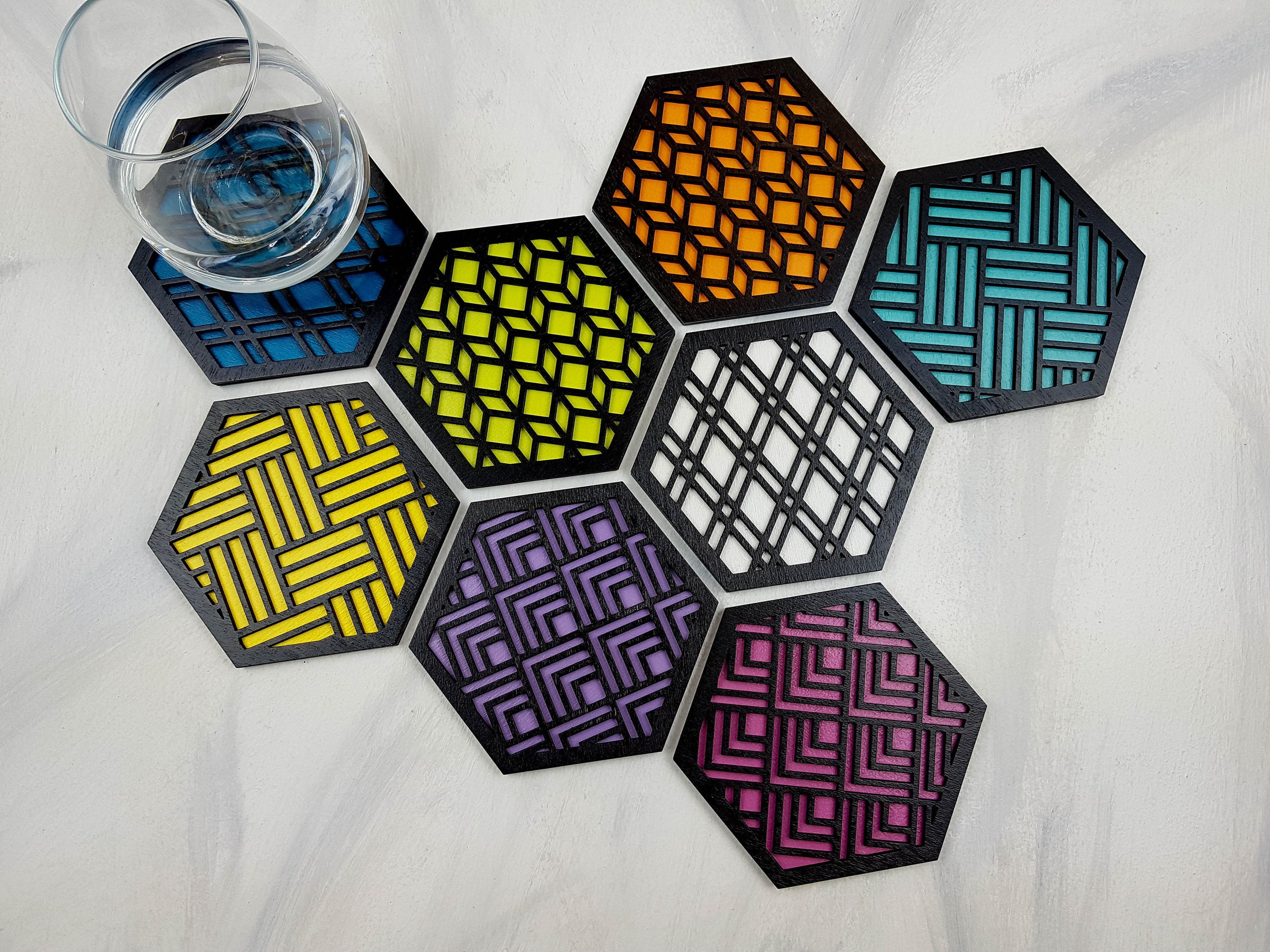 Unique Modern Coaster, Colorful Coasters, Set of Eight, Geometric Coasters, Wood Coaster Set, Coffer Table Coaster, Hexagon Coaster, black all