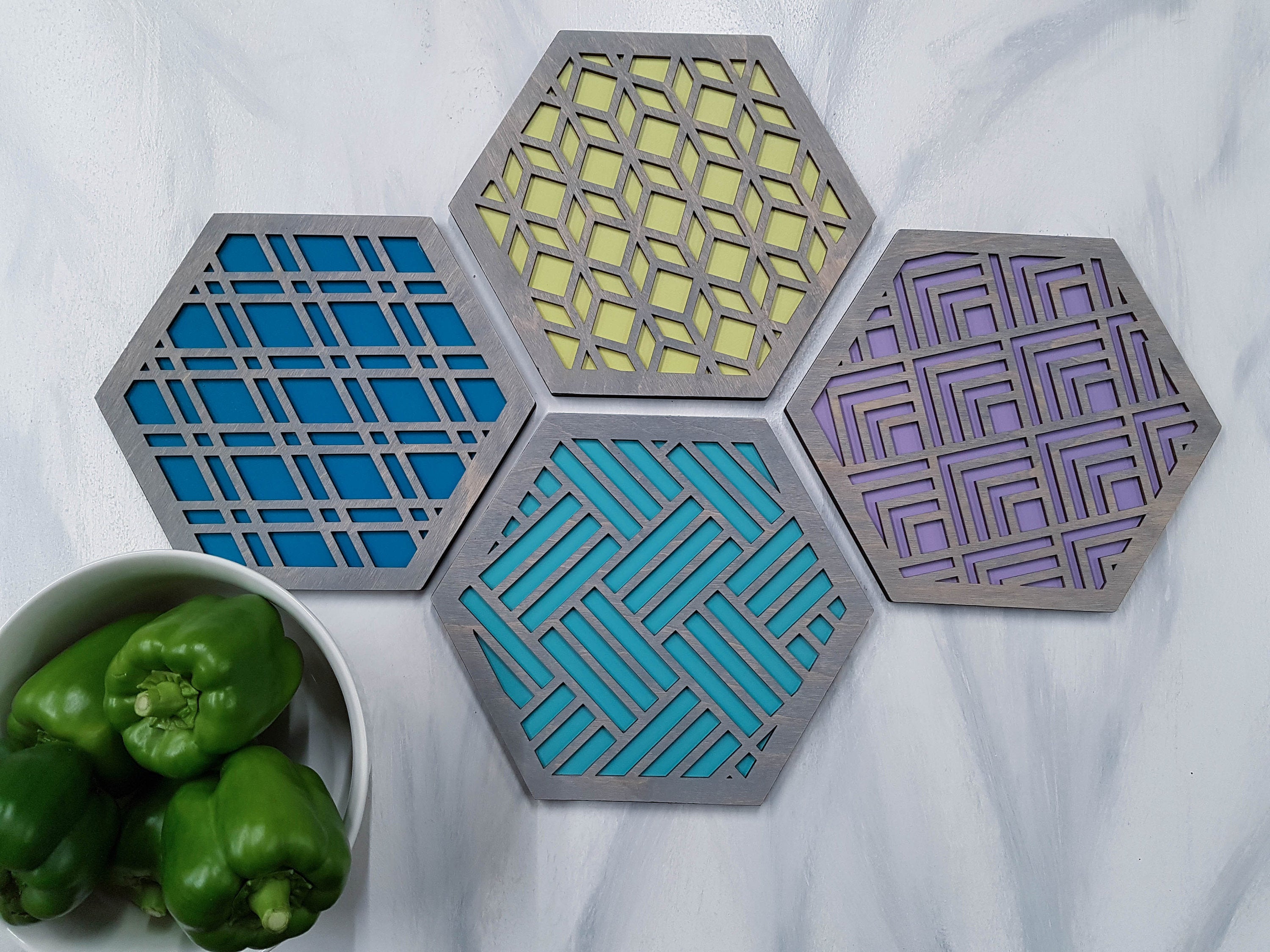 Unique Trivets, Colorful Trivet, Trivet For Plates, Dining Table Trivet, Modern Trivet, Geometric Houseware, Trivet Wood, Kitchen Trivet, grey cool