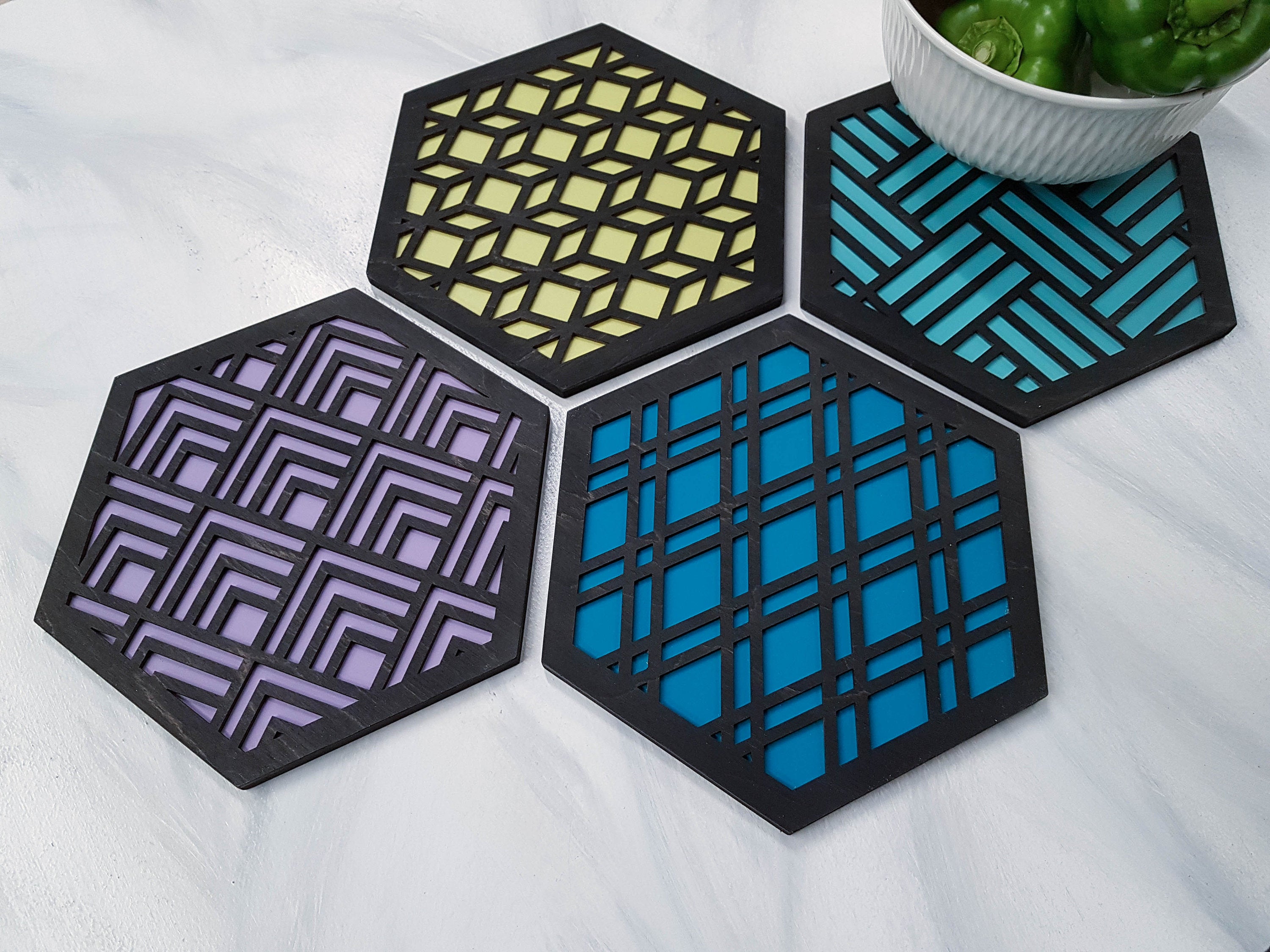 Unique Trivets, Colorful Trivet, Trivet For Plates, Dining Table Trivet, Modern Trivet, Geometric Houseware, Trivet Wood, Kitchen Trivet, black cool