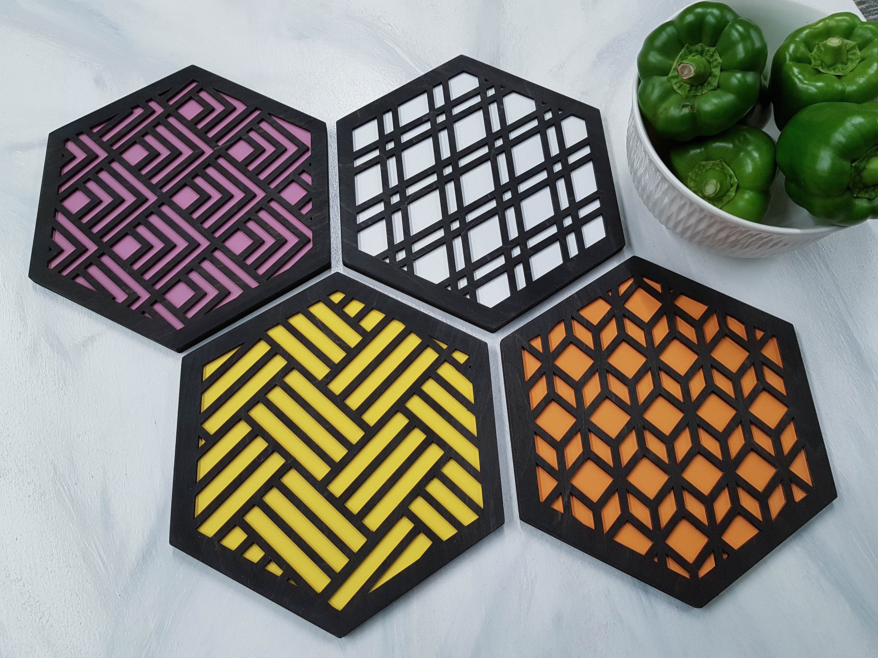 Unique Trivets, Colorful Trivet, Trivet For Plates, Dining Table Trivet, Modern Trivet, Geometric Houseware, Trivet Wood, Kitchen Trivet, black warm