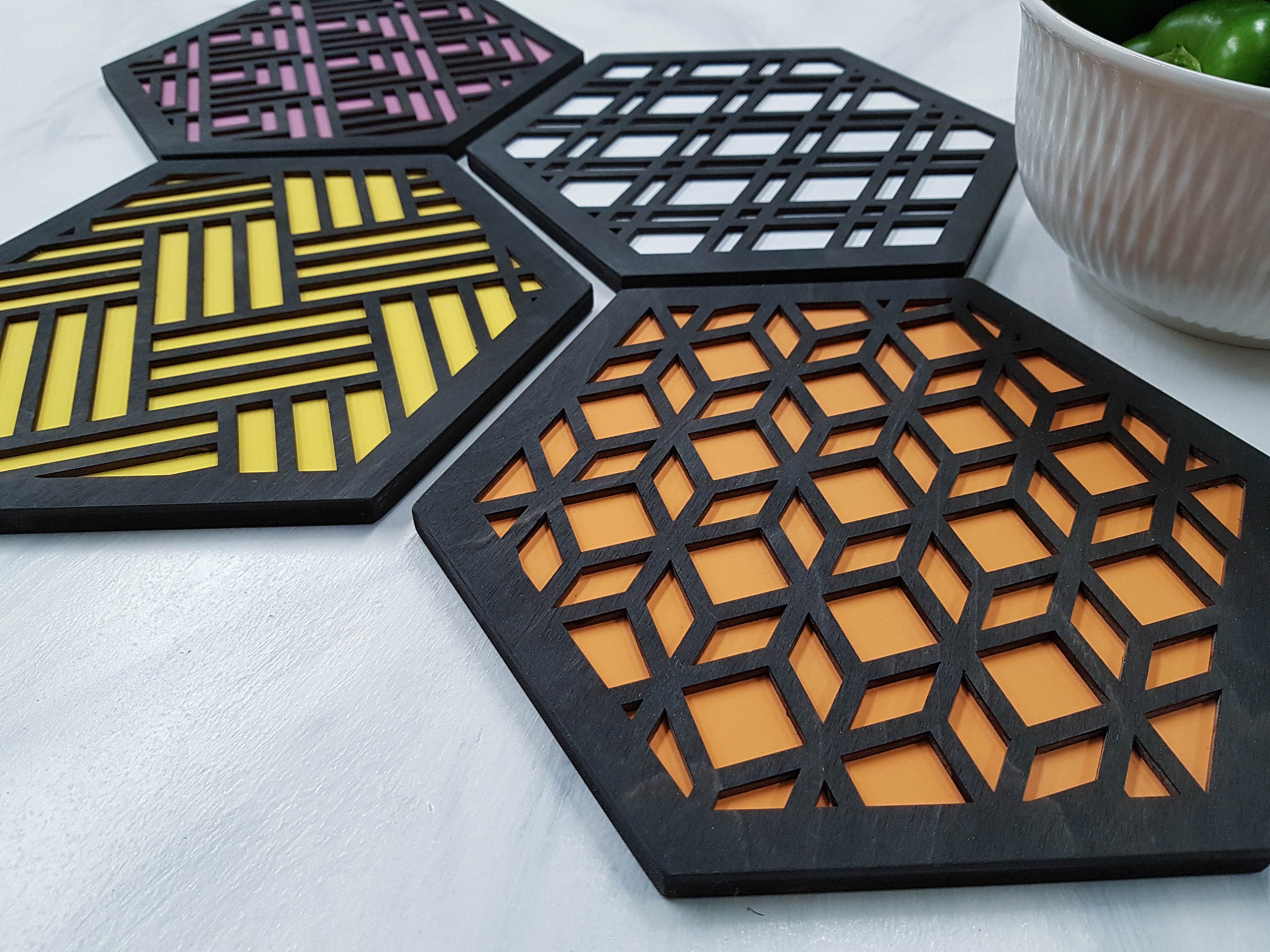 Unique Trivets, Colorful Trivet, Trivet For Plates, Dining Table Trivet, Modern Trivet, Geometric Houseware, Trivet Wood, Kitchen Trivet, black warm