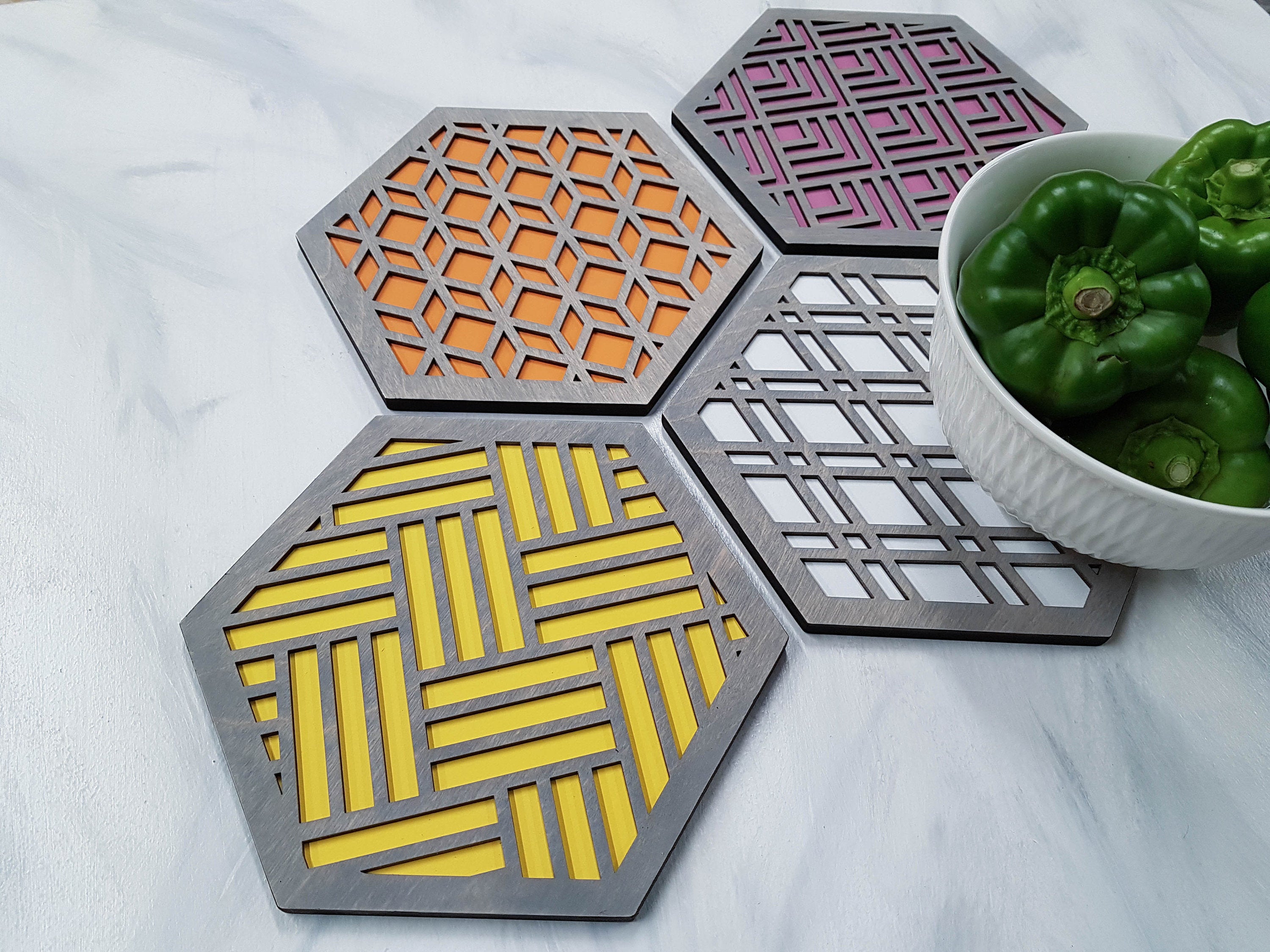 Unique Trivets, Colorful Trivet, Trivet For Plates, Dining Table Trivet, Modern Trivet, Geometric Houseware, Trivet Wood, Kitchen Trivet, grey warm