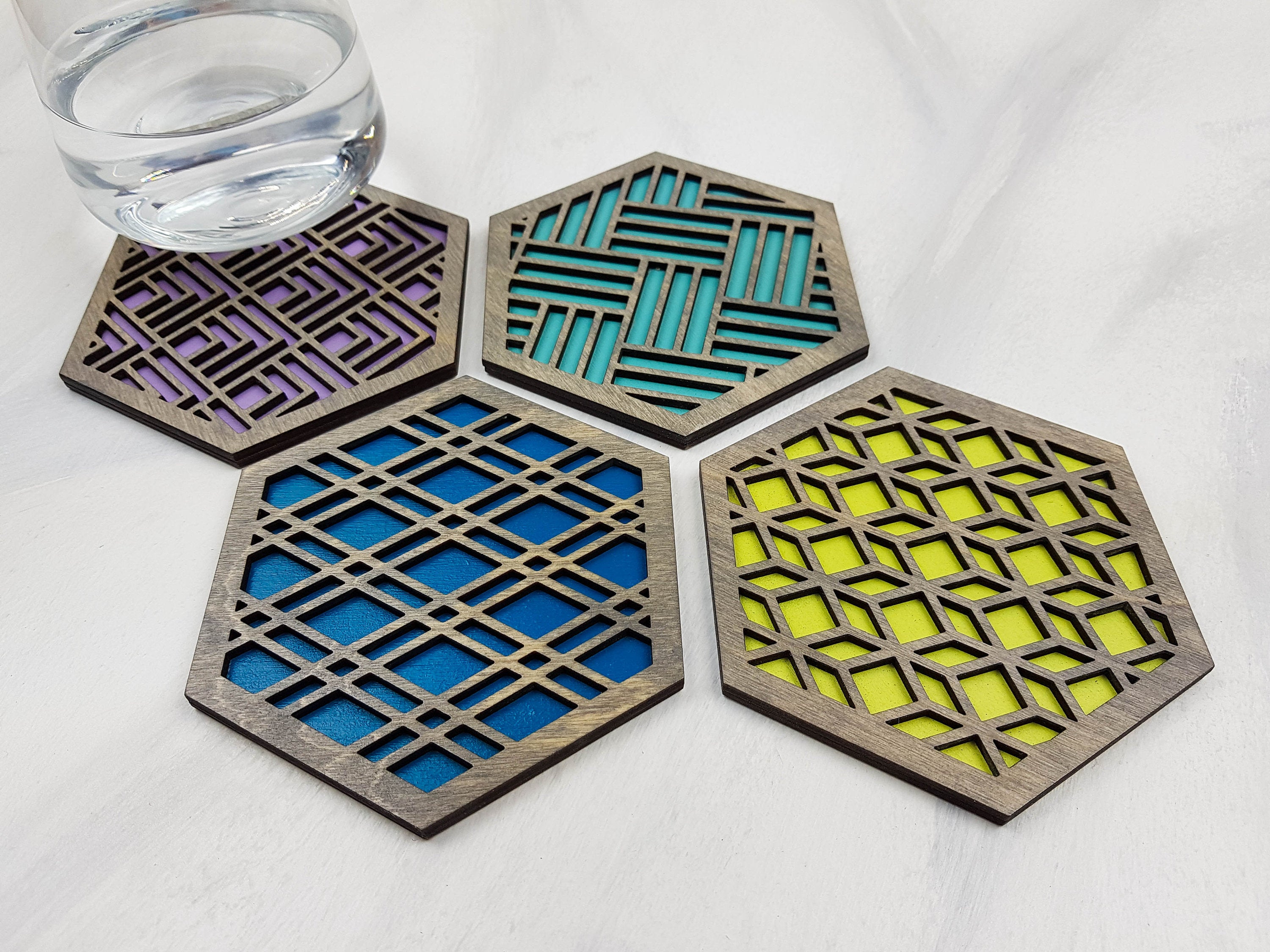 Hexagon Coaster, Fun Coaster, Modern Geometric Coaster, Cool Unique Coaster, Wood Coaster Set, Coffer Table Coaster, Colorful Coaster, Grey cool