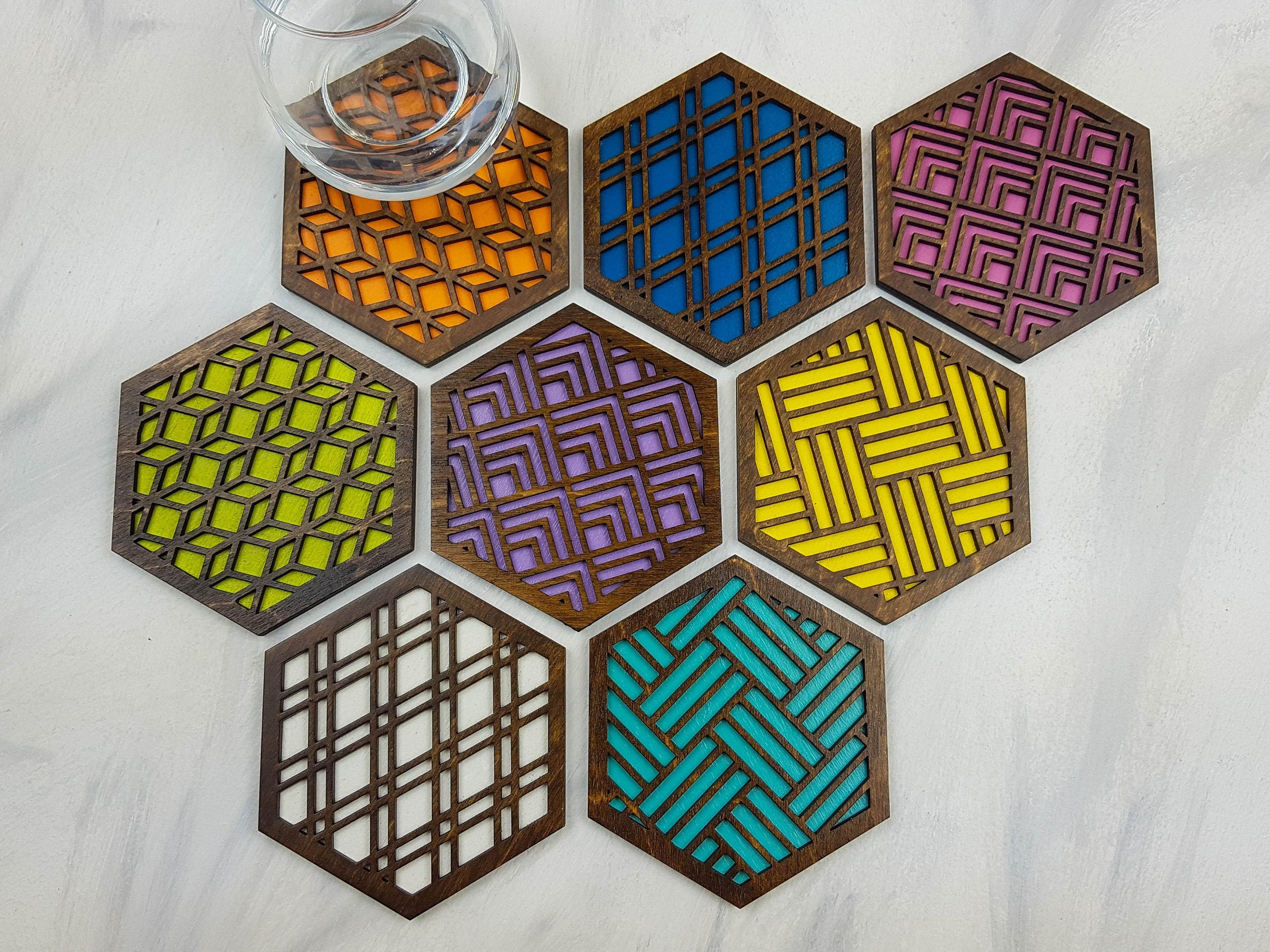Unique Modern Coaster, Colorful Coasters, Set of Eight, Geometric Coasters, Wood Coaster Set, Coffer Table Coaster, Hexagon Coaster, walnut all
