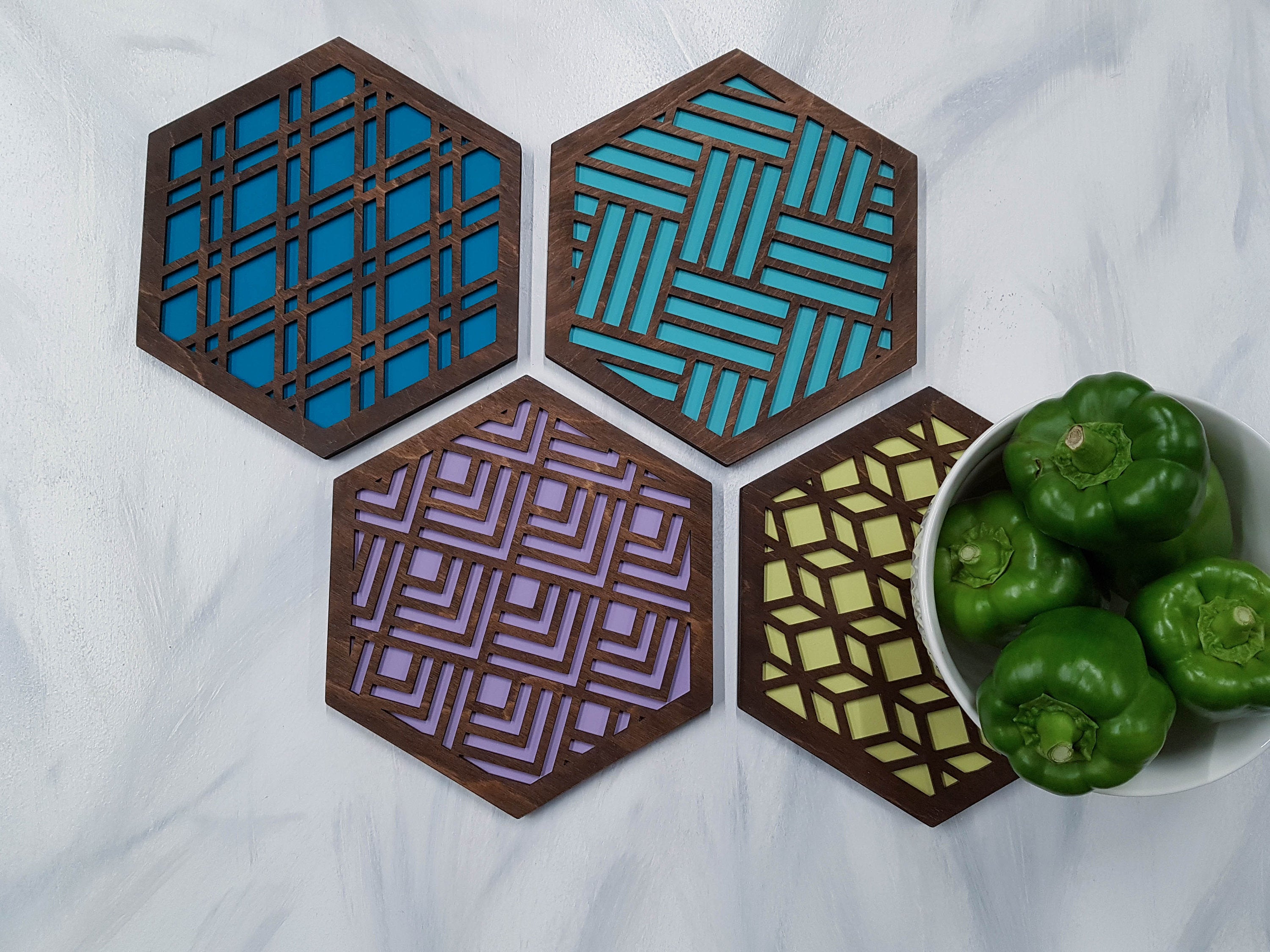 Unique Trivets, Colorful Trivet, Trivet For Plates, Dining Table Trivet, Modern Trivet, Geometric Houseware, Trivet Wood, Kitchen Trivet, Walnut cool