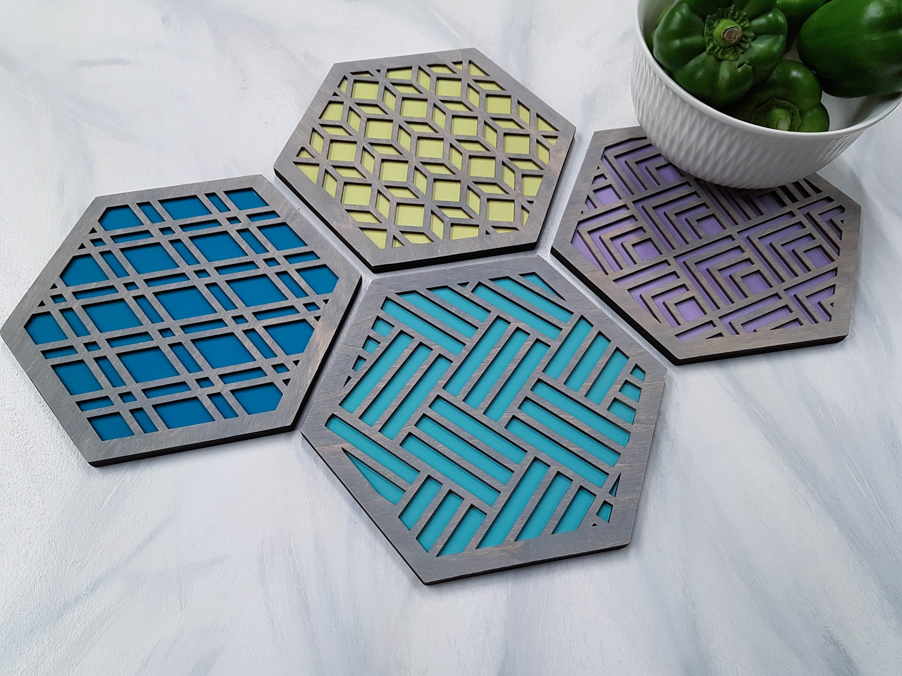 Unique Trivets, Colorful Trivet, Trivet For Plates, Dining Table Trivet, Modern Trivet, Geometric Houseware, Trivet Wood, Kitchen Trivet, grey cool