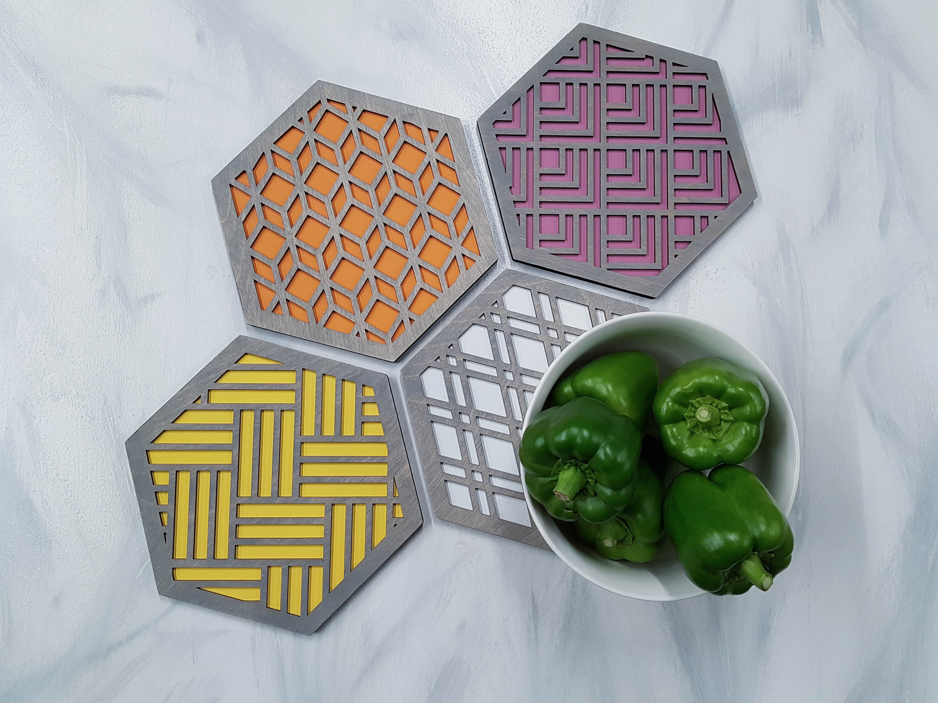 Unique Trivets, Colorful Trivet, Trivet For Plates, Dining Table Trivet, Modern Trivet, Geometric Houseware, Trivet Wood, Kitchen Trivet, grey warm