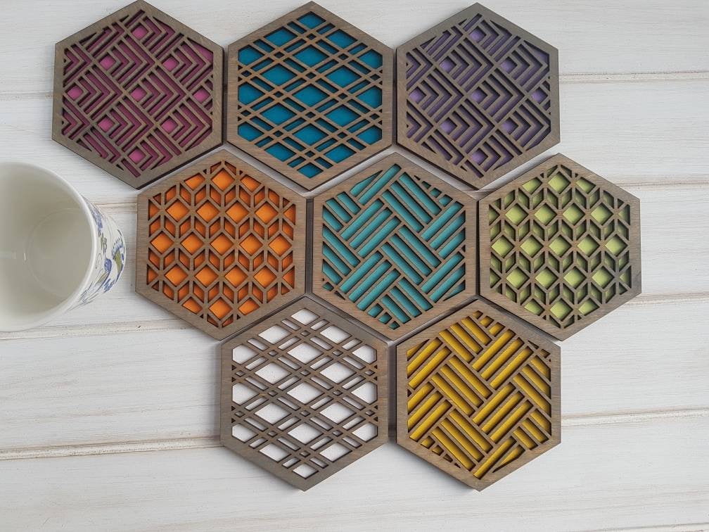 Unique Modern Coaster, Colorful Coasters, Set of Eight, Geometric Coasters, Wood Coaster Set, Coffer Table Coaster, Hexagon Coaster, grey all