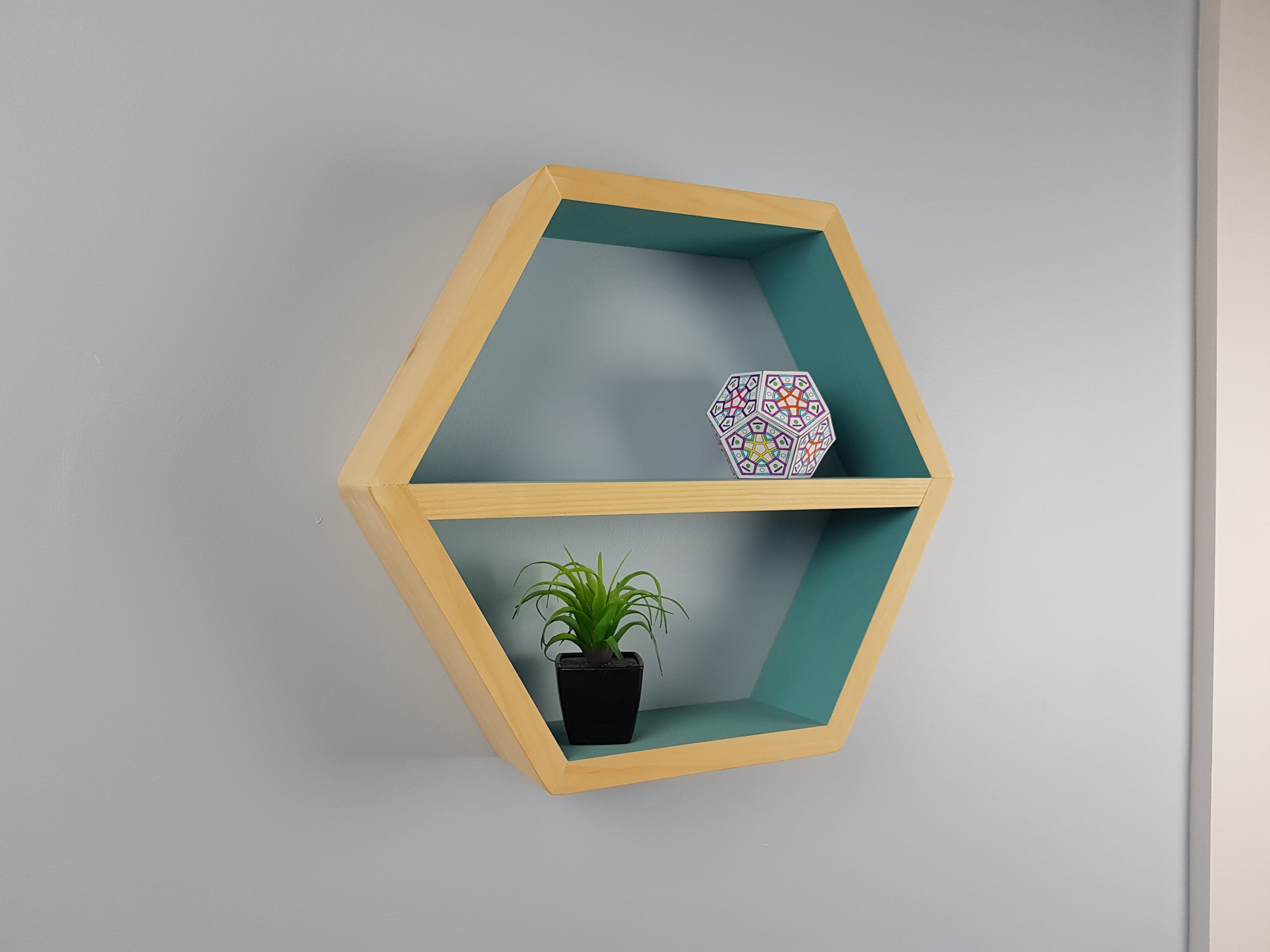 Hexagon Shelf Single 16", With Mid Shelf, Floating Shelves- Light Teal and Natural