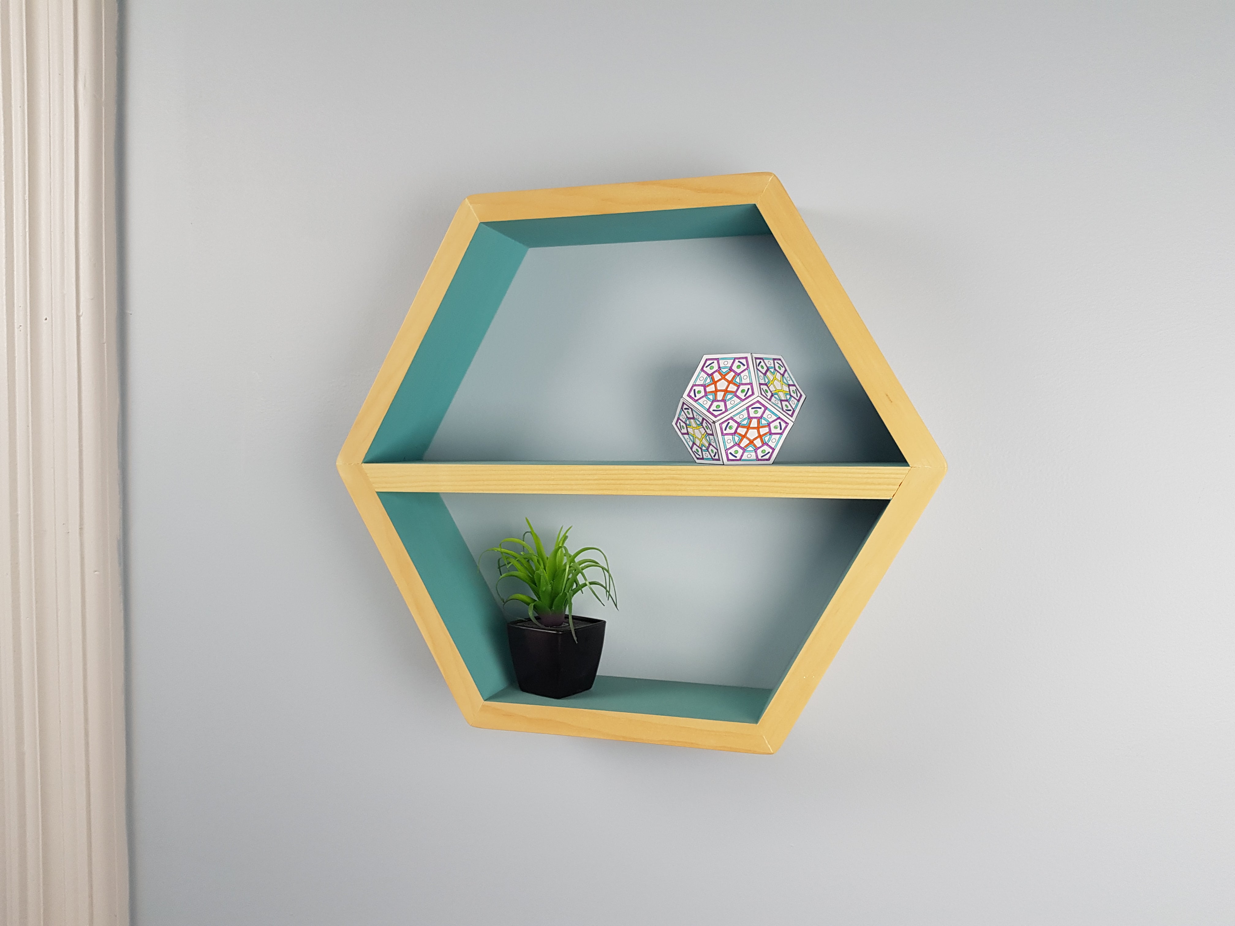 Hexagon Shelf Single 16", With Mid Shelf, Floating Shelves- Light Teal and Natural