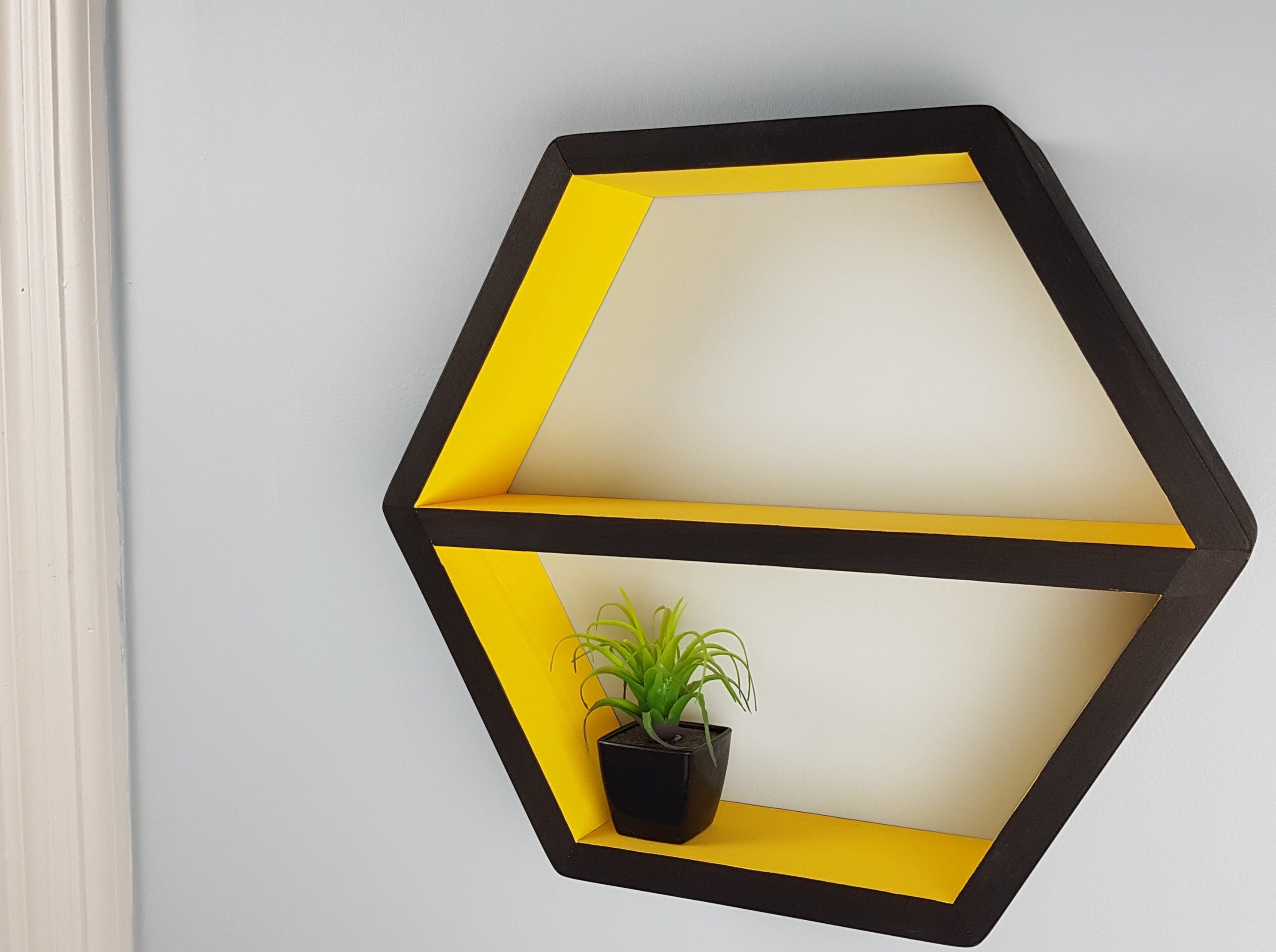 Hexagon Shelf Single 16", With Mid Shelf, Floating Shelves- Yellow and Black