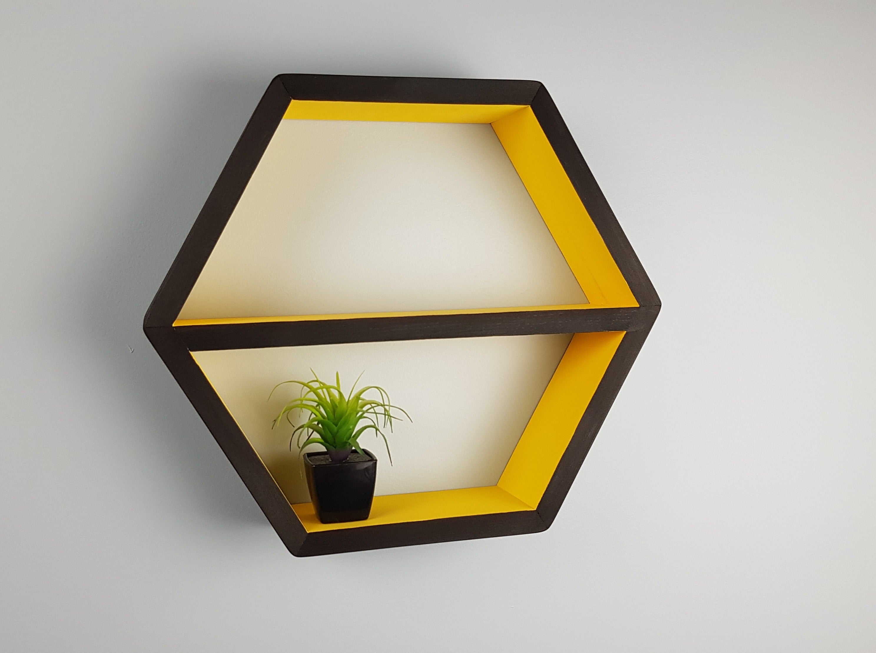 Hexagon Shelf Single 16", With Mid Shelf, Floating Shelves- Yellow and Black