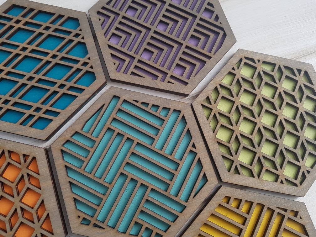 Unique Modern Coaster, Colorful Coasters, Set of Eight, Geometric Coasters, Wood Coaster Set, Coffer Table Coaster, Hexagon Coaster, grey all