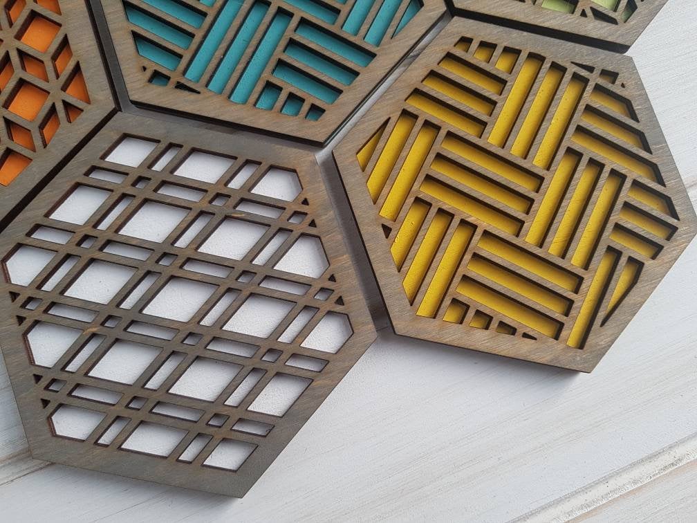 Unique Modern Coaster, Colorful Coasters, Set of Eight, Geometric Coasters, Wood Coaster Set, Coffer Table Coaster, Hexagon Coaster, grey all