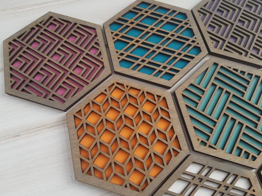 Unique Modern Coaster, Colorful Coasters, Set of Eight, Geometric Coasters, Wood Coaster Set, Coffer Table Coaster, Hexagon Coaster, grey all
