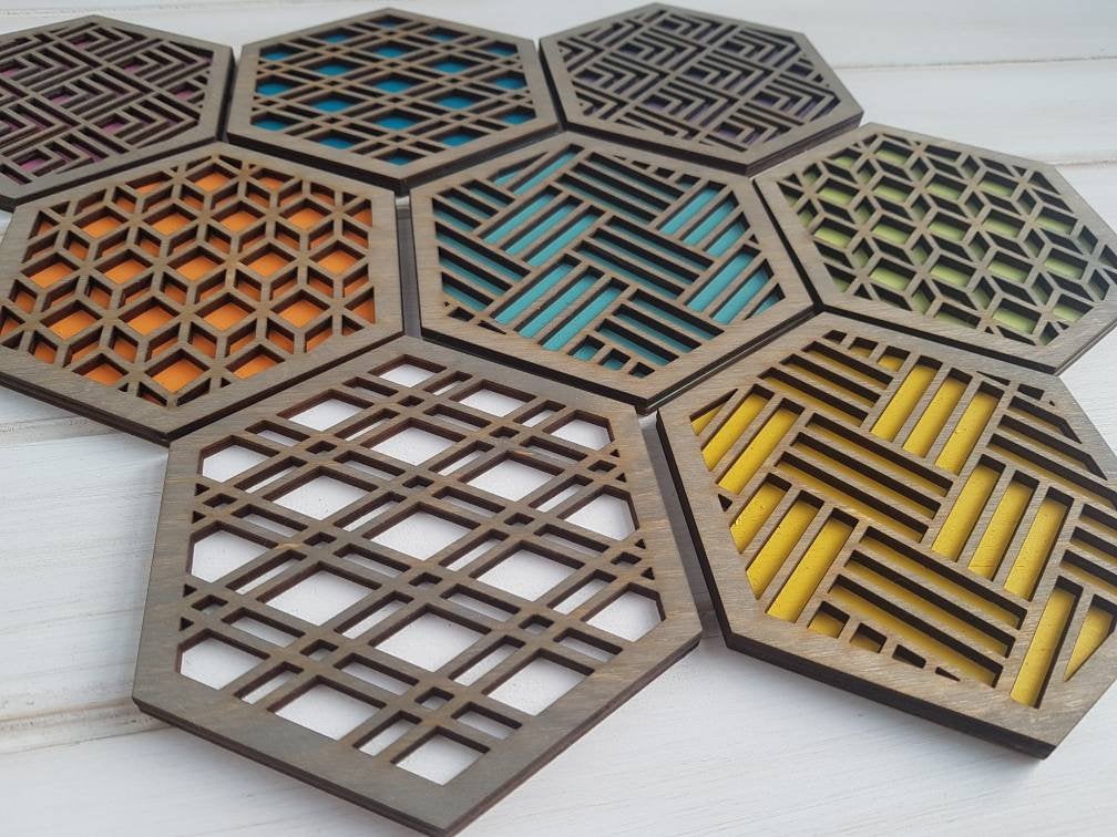 Unique Modern Coaster, Colorful Coasters, Set of Eight, Geometric Coasters, Wood Coaster Set, Coffer Table Coaster, Hexagon Coaster, grey all
