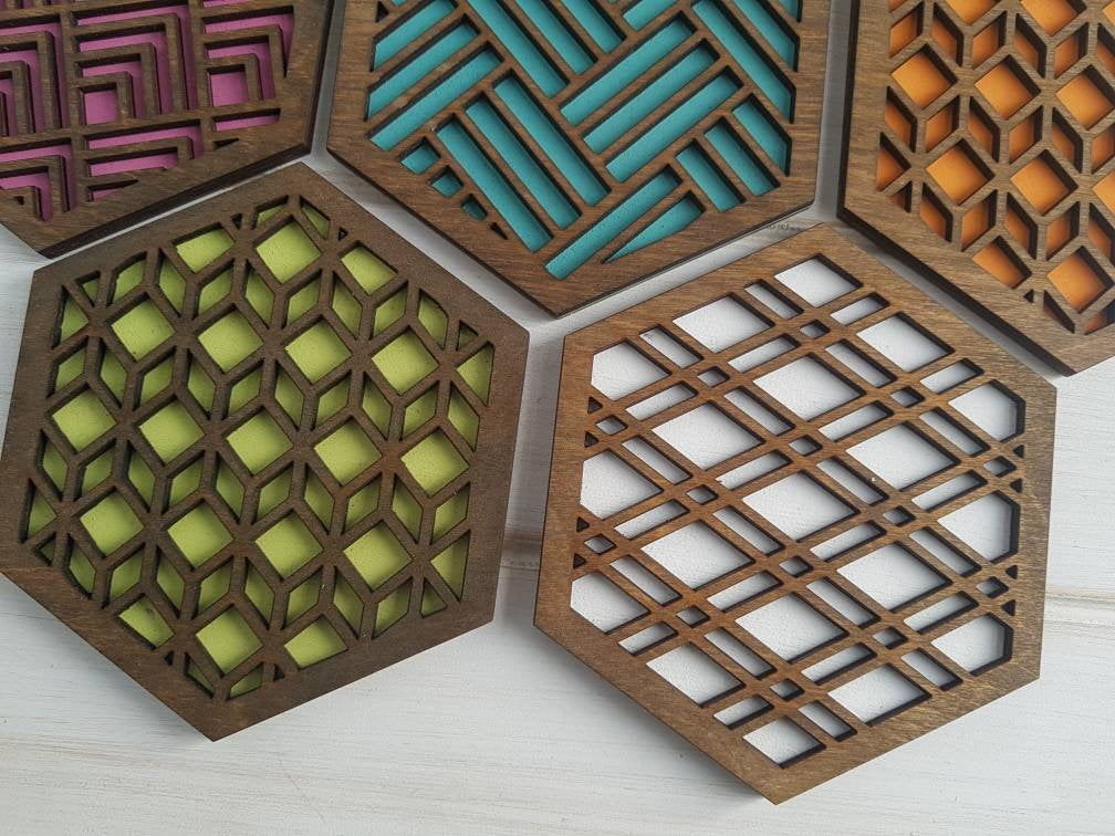 Unique Modern Coaster, Colorful Coasters, Set of Eight, Geometric Coasters, Wood Coaster Set, Coffer Table Coaster, Hexagon Coaster, walnut all