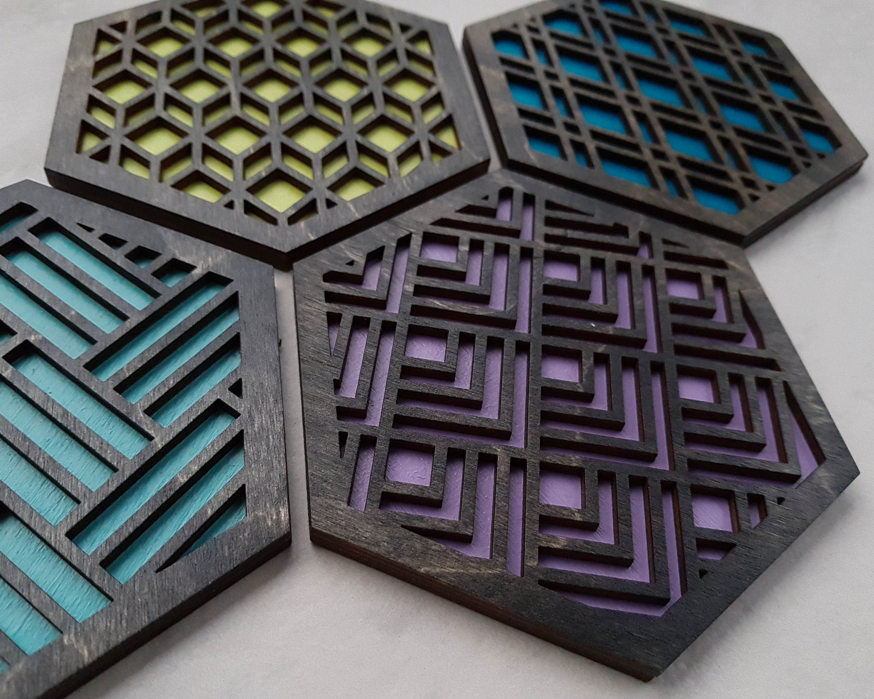 Hexagon Coaster, Fun Coaster, Modern Coaster, Geometric Coaster, Cool Unique Coaster, Wood Coaster Set, Coffer Table Coaster, black cool