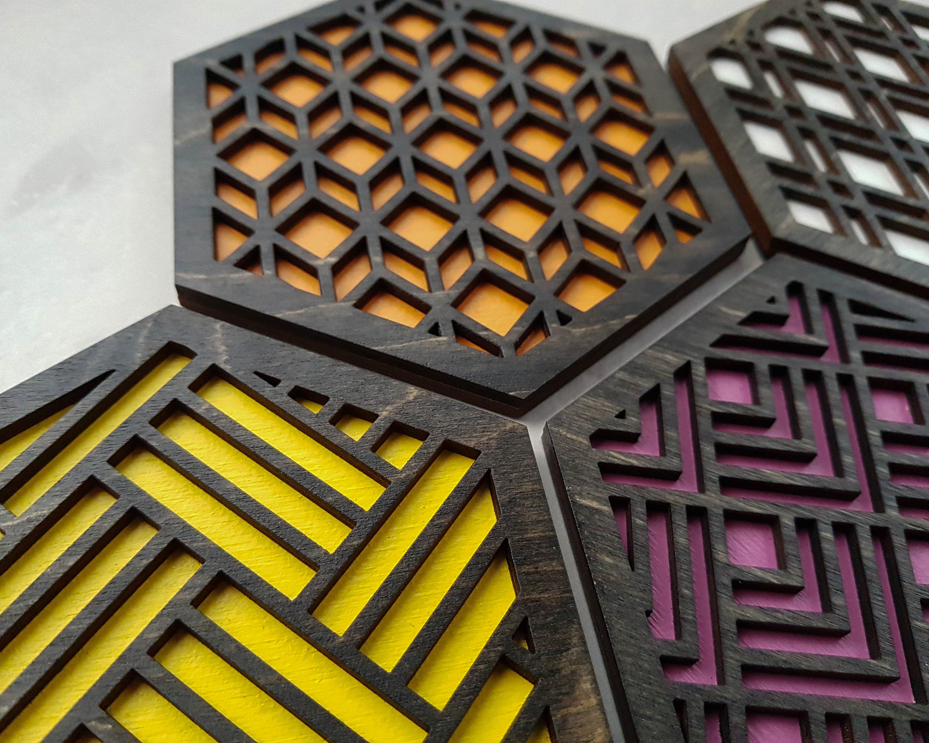 Hexagon Coaster, Fun Coaster, Modern Coaster, Geometric Coaster, Cool Unique Coaster, Wood Coaster Set, Coffer Table Coaster, black warm