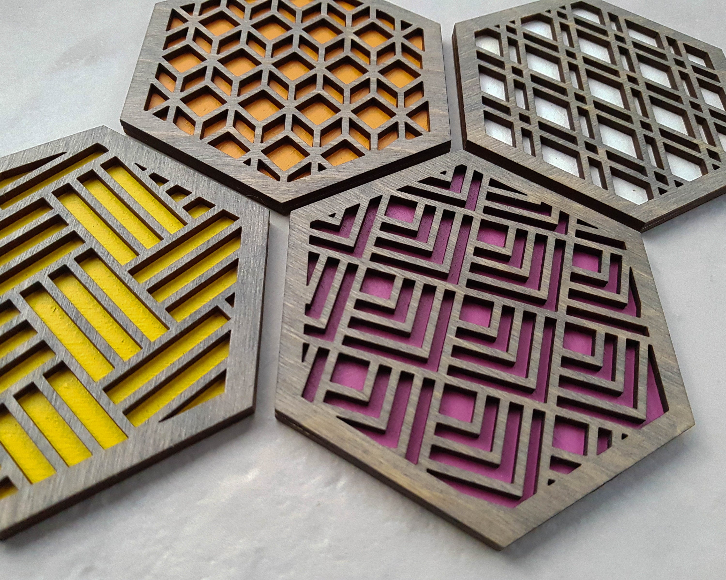 Hexagon Coaster, Fun Coaster, Modern Coaster, Geometric Coaster, Cool Unique Coaster, Wood Coaster Set, Coffer Table Coaster, grey warm 