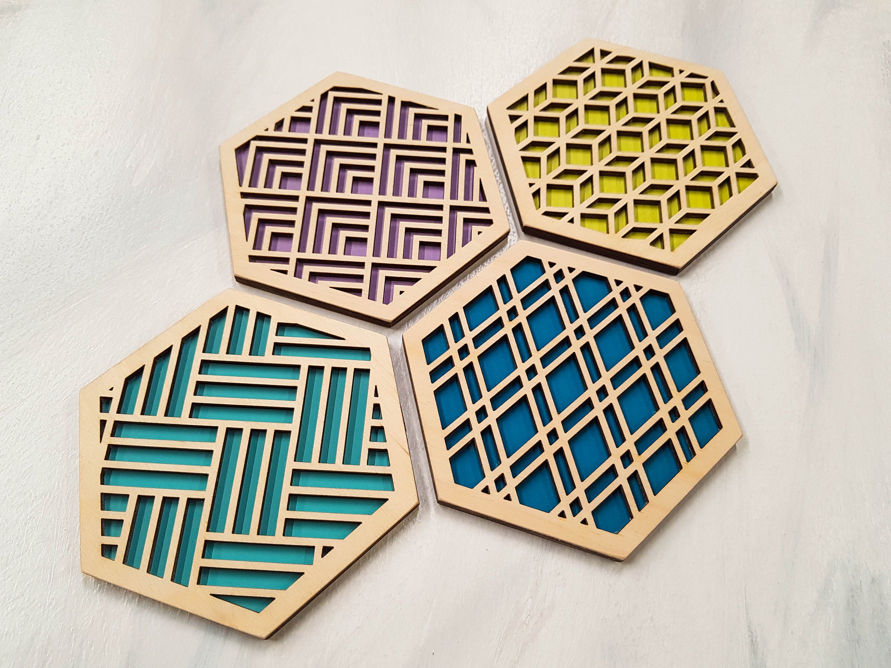 Hexagon Coaster, Fun Coaster, Modern Geometric Coaster, Cool Unique Coaster, Wood Coaster Set, Coffer Table Coaster, Colorful Coaster, Grey cool