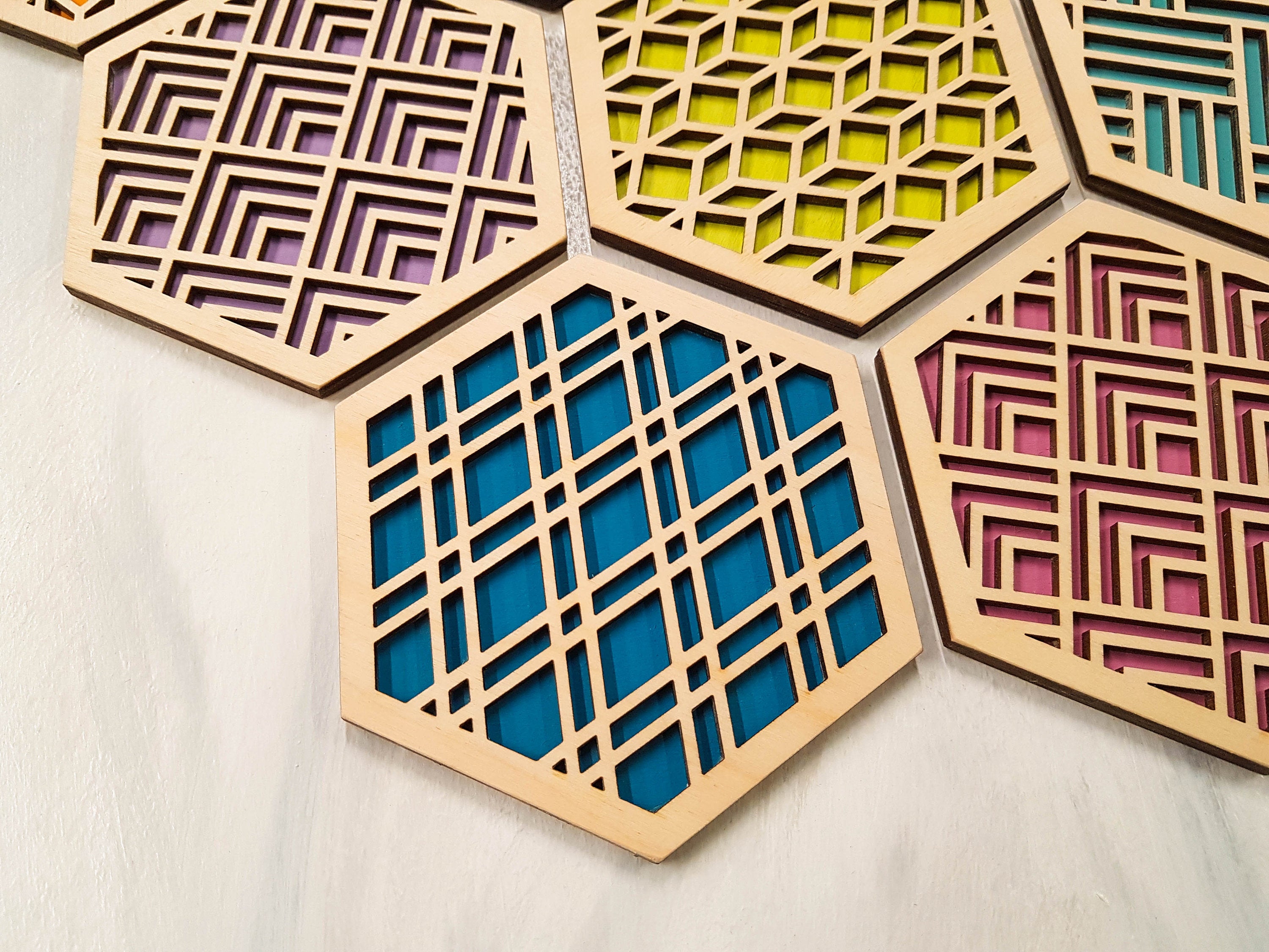 Unique Modern Coaster, Colorful Coasters, Set of Eight, Geometric Coasters, Wood Coaster Set, Coffer Table Coaster, Hexagon Coaster, Natural All
