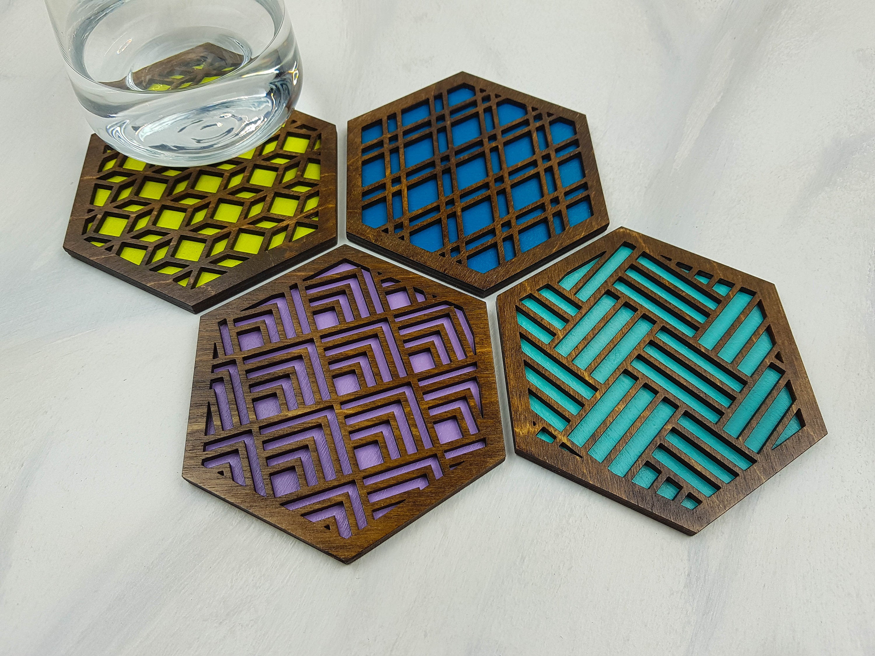 Hexagon Coaster, Fun Coaster, Modern Coaster, Geometric Coaster, Cool Unique Coaster, Wood Coaster Set, Coffer Table Coaster, walnut cool