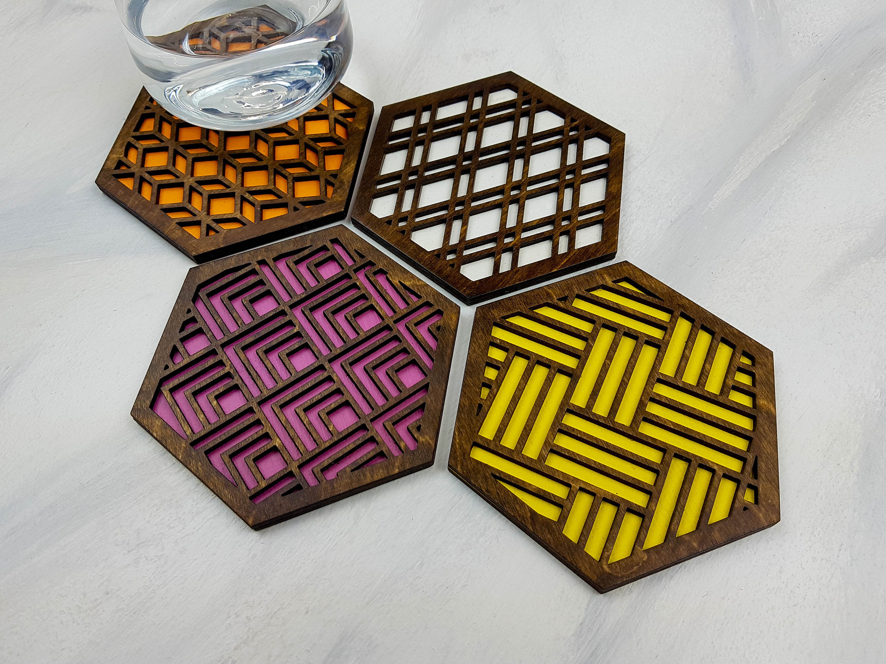 Hexagon Coaster, Fun Coaster, Modern Coaster, Geometric Coaster, Cool Unique Coaster, Wood Coaster Set, Coffer Table Coaster, walnut warm