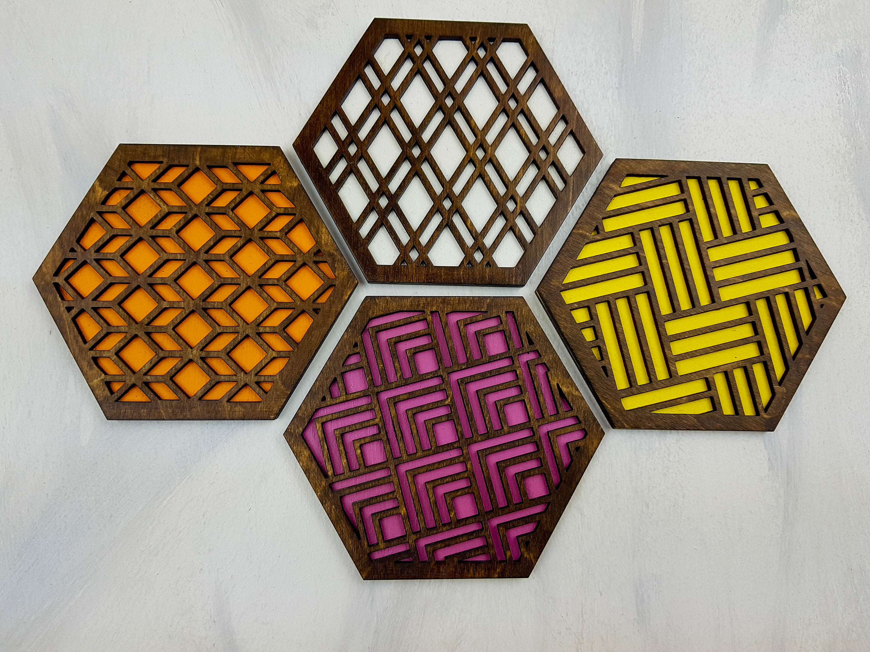 Hexagon Coaster, Fun Coaster, Modern Coaster, Geometric Coaster, Cool Unique Coaster, Wood Coaster Set, Coffer Table Coaster, walnut warm