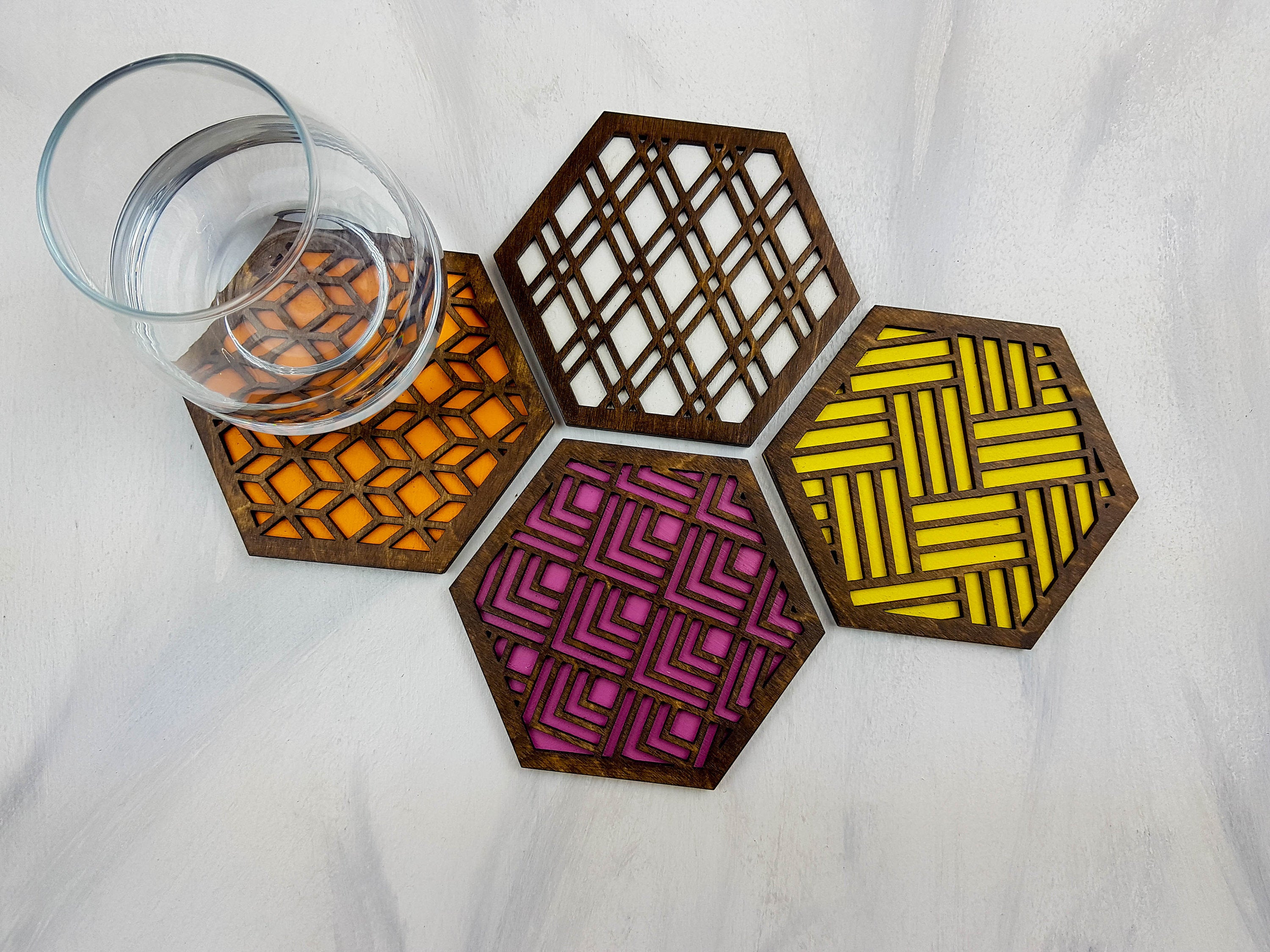 Hexagon Coaster, Fun Coaster, Modern Coaster, Geometric Coaster, Cool Unique Coaster, Wood Coaster Set, Coffer Table Coaster, walnut warm