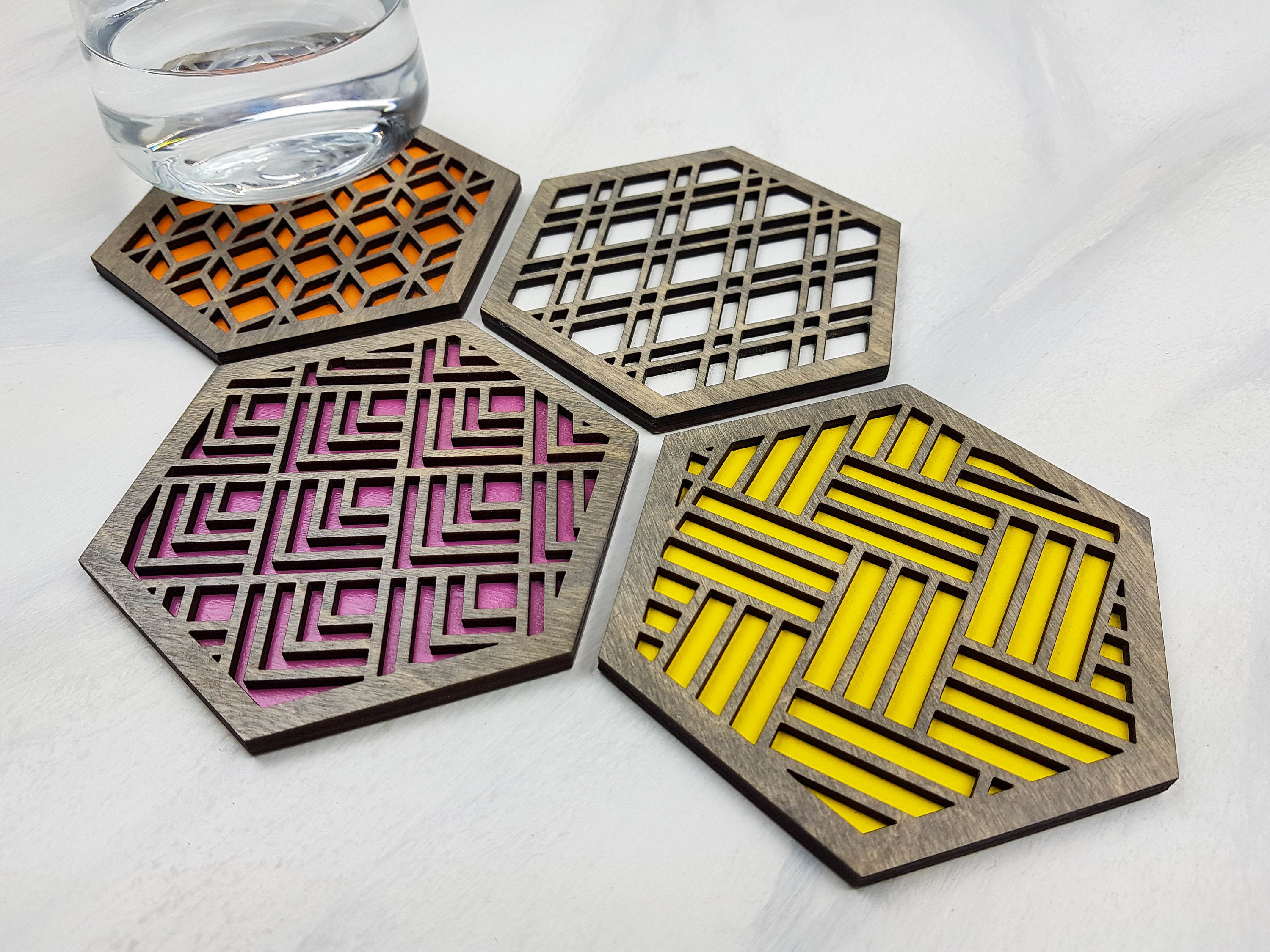 Hexagon Coaster, Fun Coaster, Modern Coaster, Geometric Coaster, Cool Unique Coaster, Wood Coaster Set, Coffer Table Coaster, grey warm 