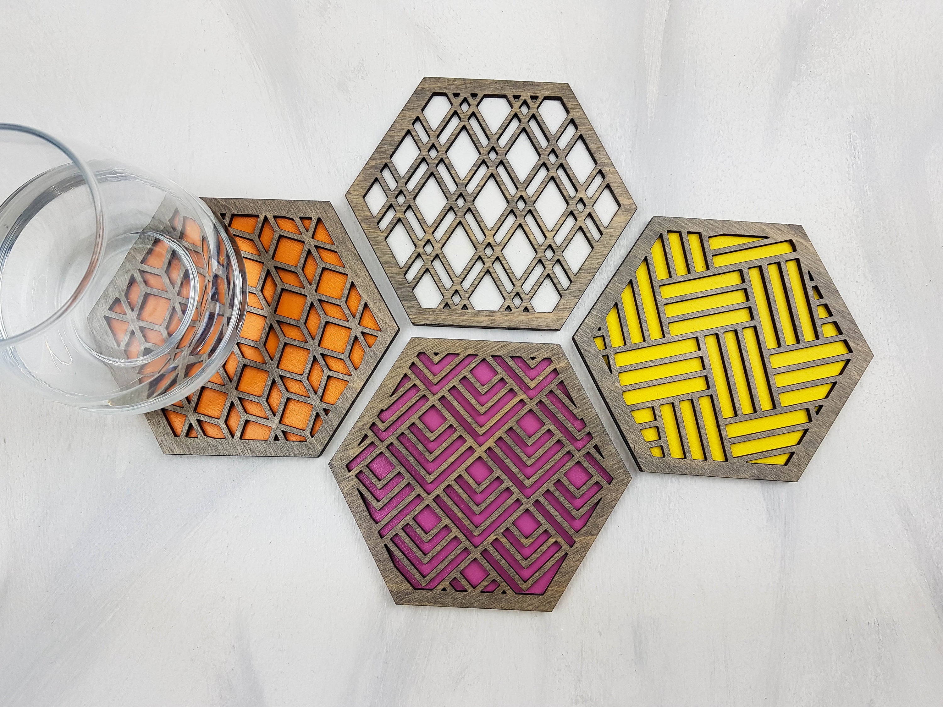 Hexagon Coaster, Fun Coaster, Modern Coaster, Geometric Coaster, Cool Unique Coaster, Wood Coaster Set, Coffer Table Coaster, grey warm 