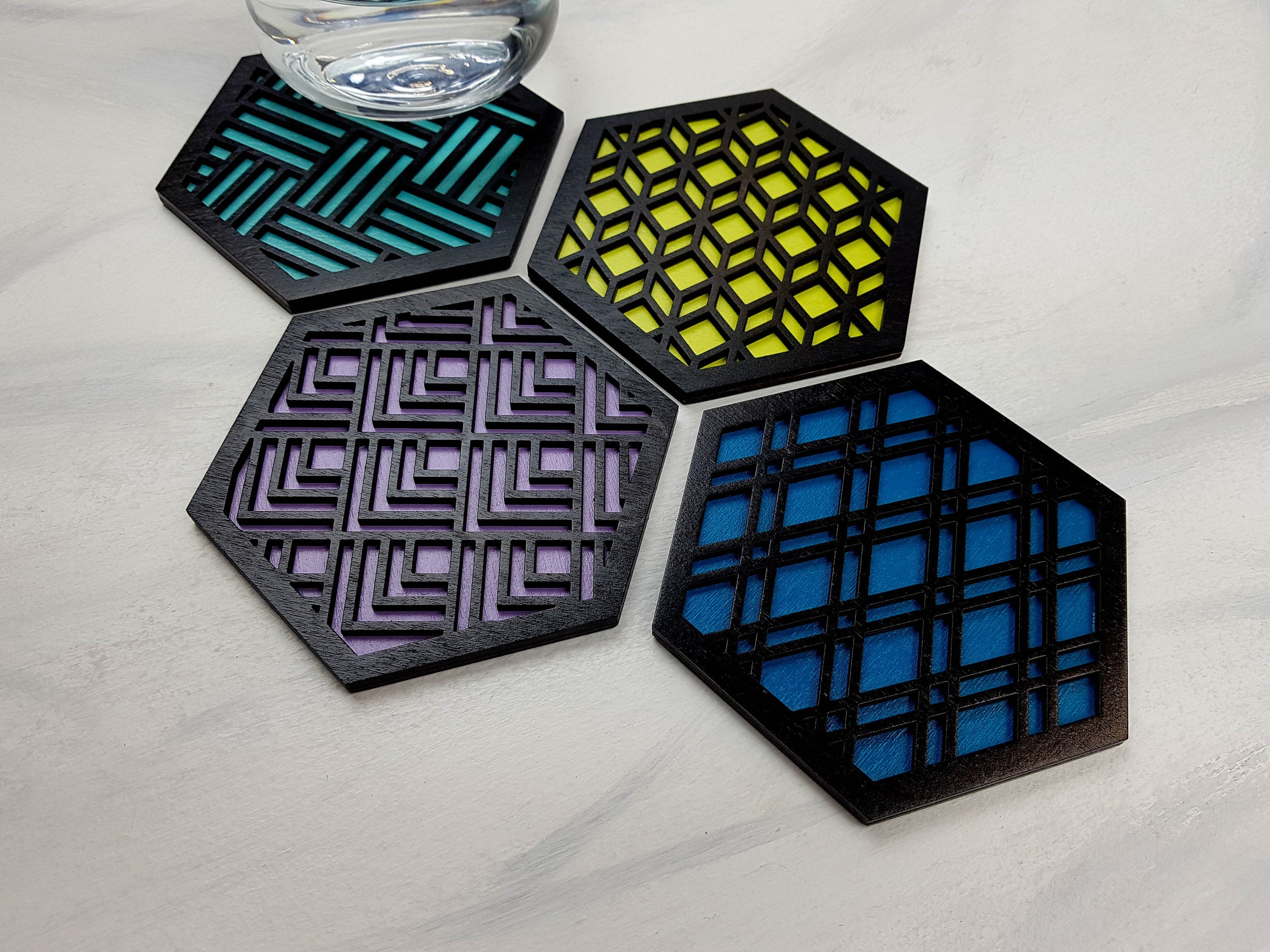 Hexagon Coaster, Fun Coaster, Modern Coaster, Geometric Coaster, Cool Unique Coaster, Wood Coaster Set, Coffer Table Coaster, black cool