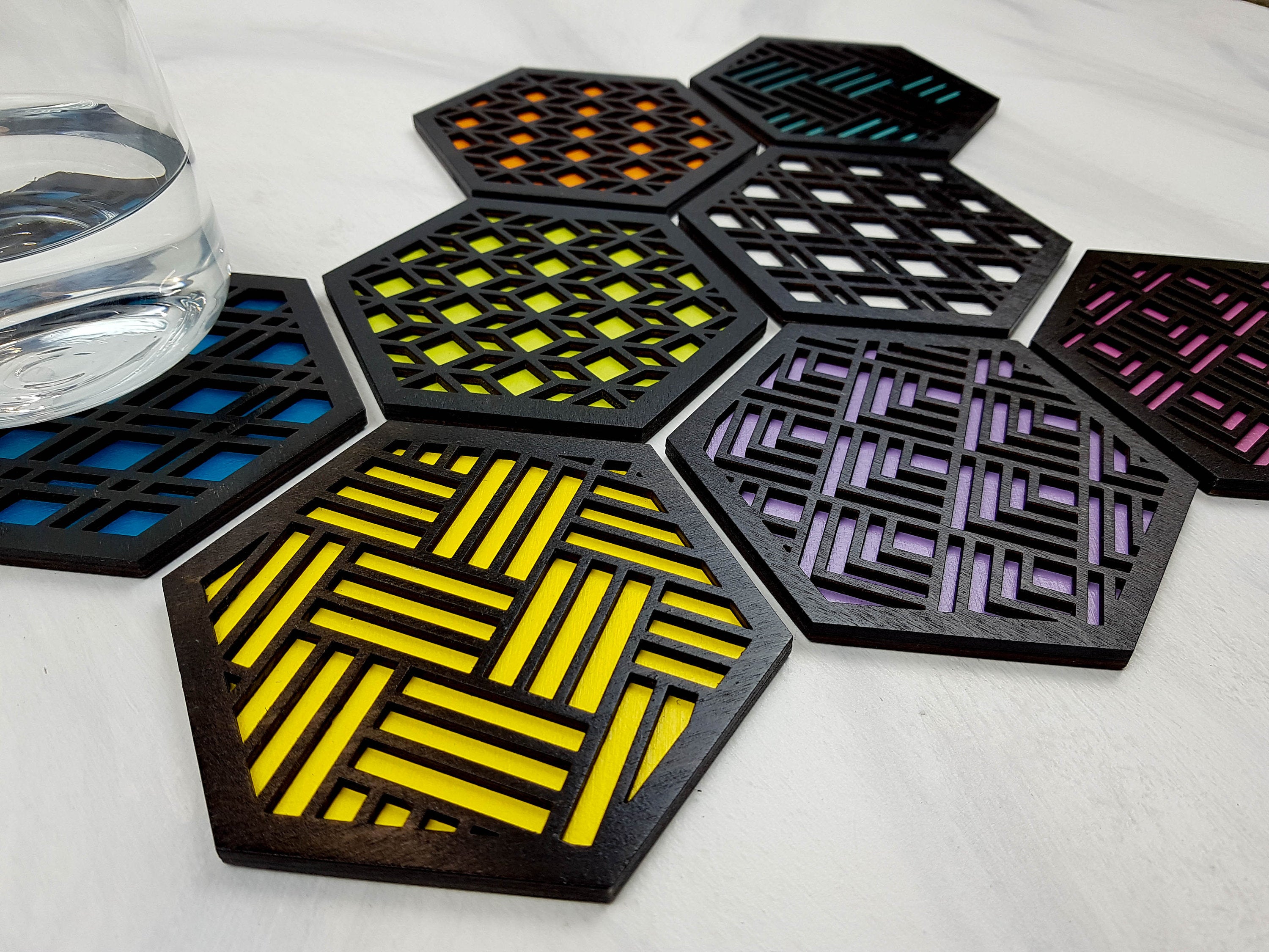 Unique Modern Coaster, Colorful Coasters, Set of Eight, Geometric Coasters, Wood Coaster Set, Coffer Table Coaster, Hexagon Coaster, black all