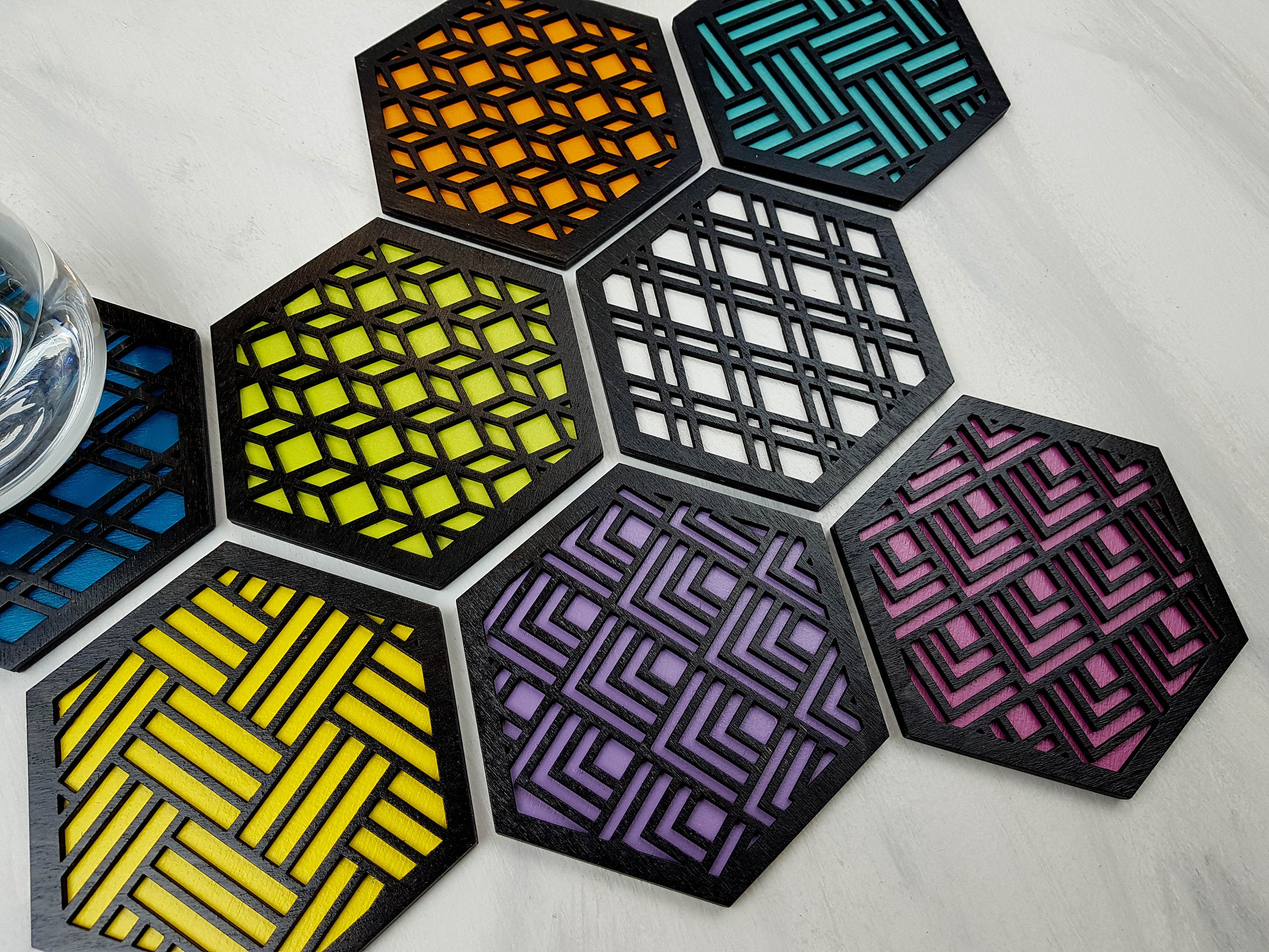 Unique Modern Coaster, Colorful Coasters, Set of Eight, Geometric Coasters, Wood Coaster Set, Coffer Table Coaster, Hexagon Coaster, black all