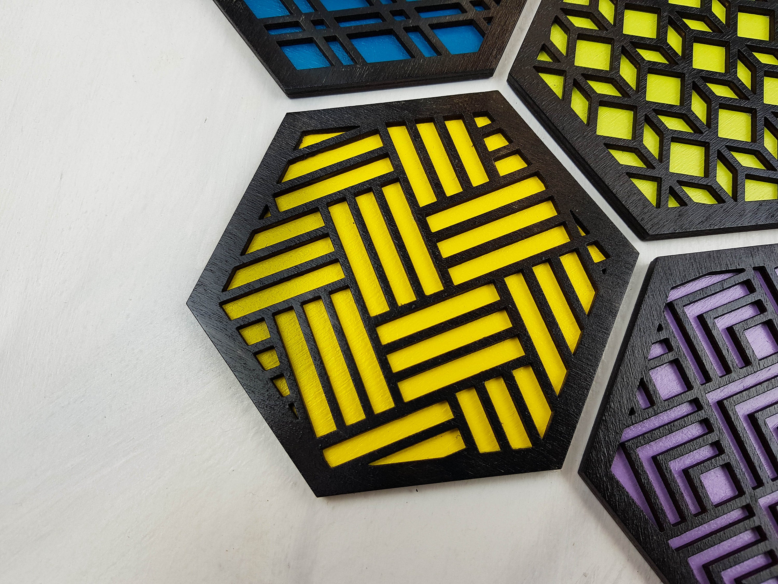 Unique Modern Coaster, Colorful Coasters, Set of Eight, Geometric Coasters, Wood Coaster Set, Coffer Table Coaster, Hexagon Coaster, black all