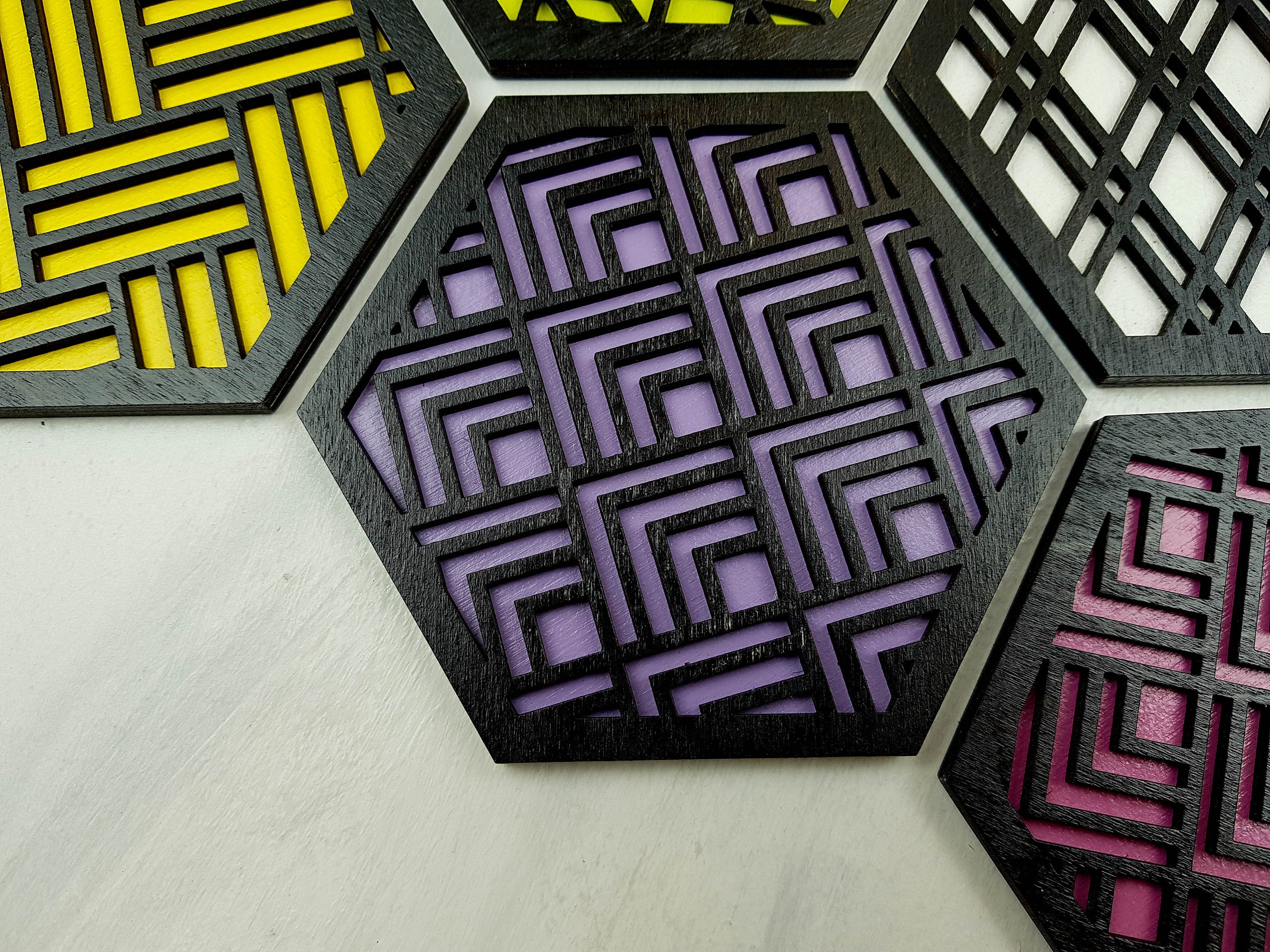 Unique Modern Coaster, Colorful Coasters, Set of Eight, Geometric Coasters, Wood Coaster Set, Coffer Table Coaster, Hexagon Coaster, black all