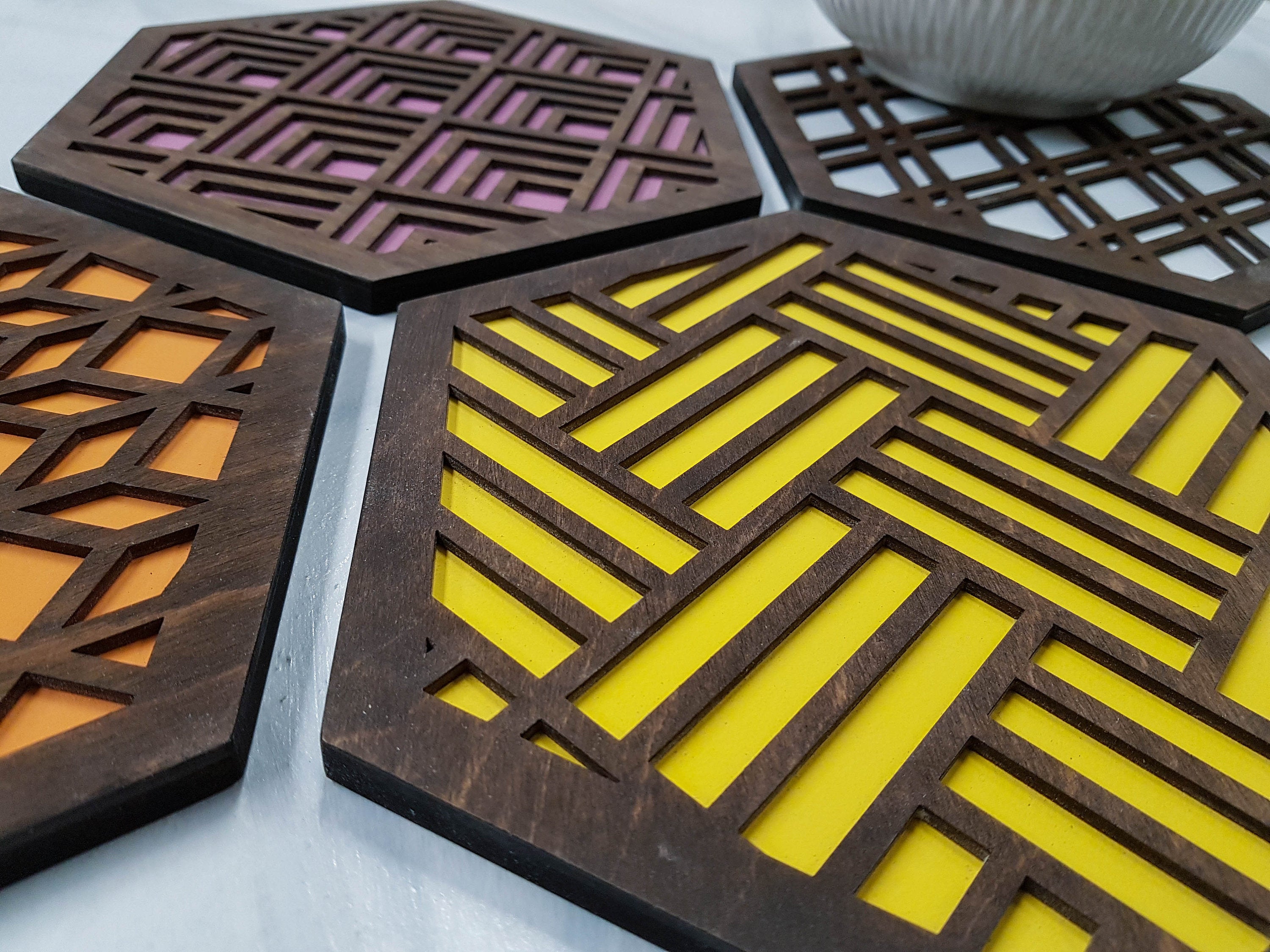 Unique Trivets, Colorful Trivet, Trivet For Plates, Dining Table Trivet, Modern Trivet, Geometric Houseware, Trivet Wood, Kitchen Trivet, walnut warm