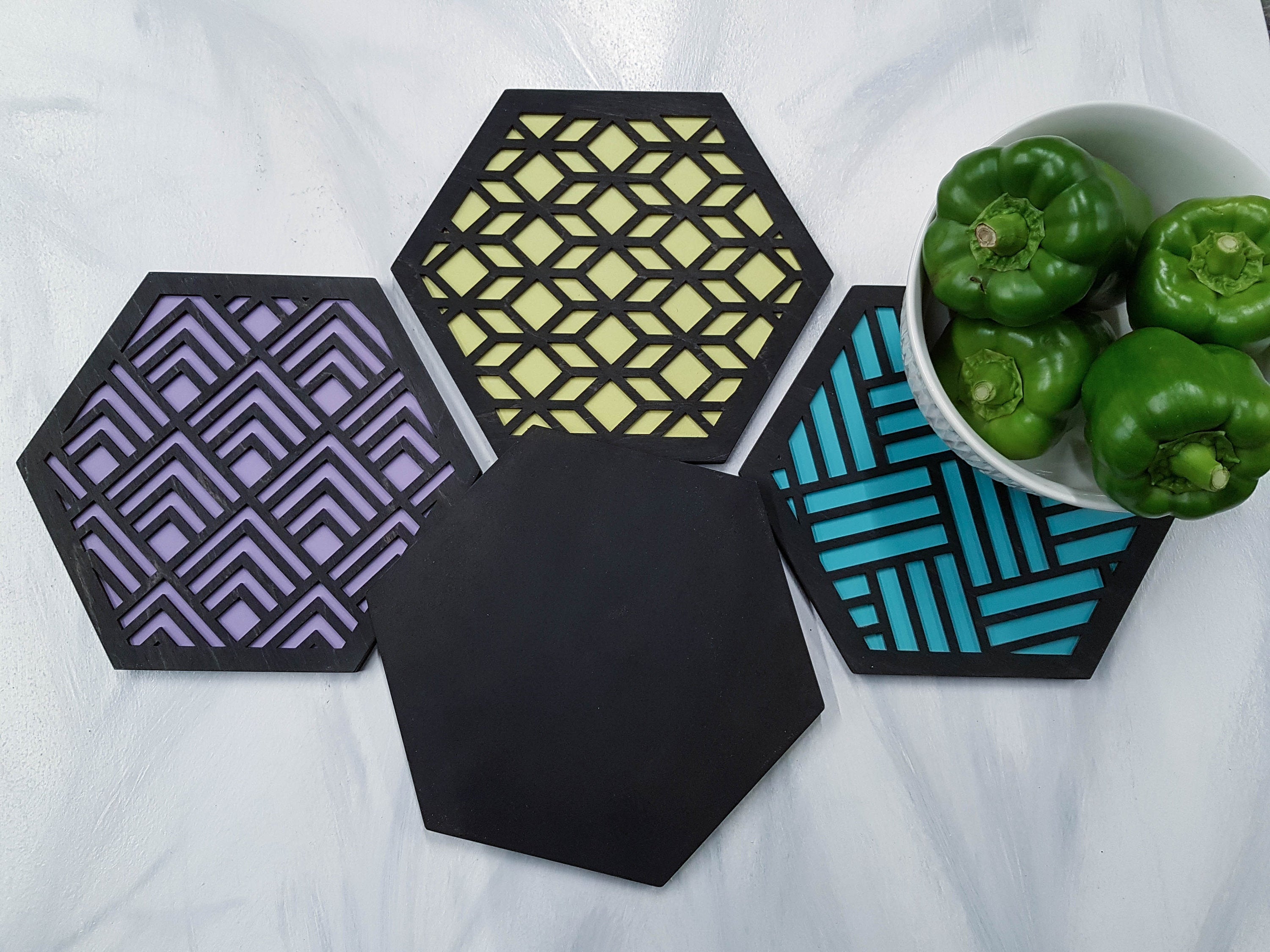 Unique Trivets, Colorful Trivet, Trivet For Plates, Dining Table Trivet, Modern Trivet, Geometric Houseware, Trivet Wood, Kitchen Trivet, black cool