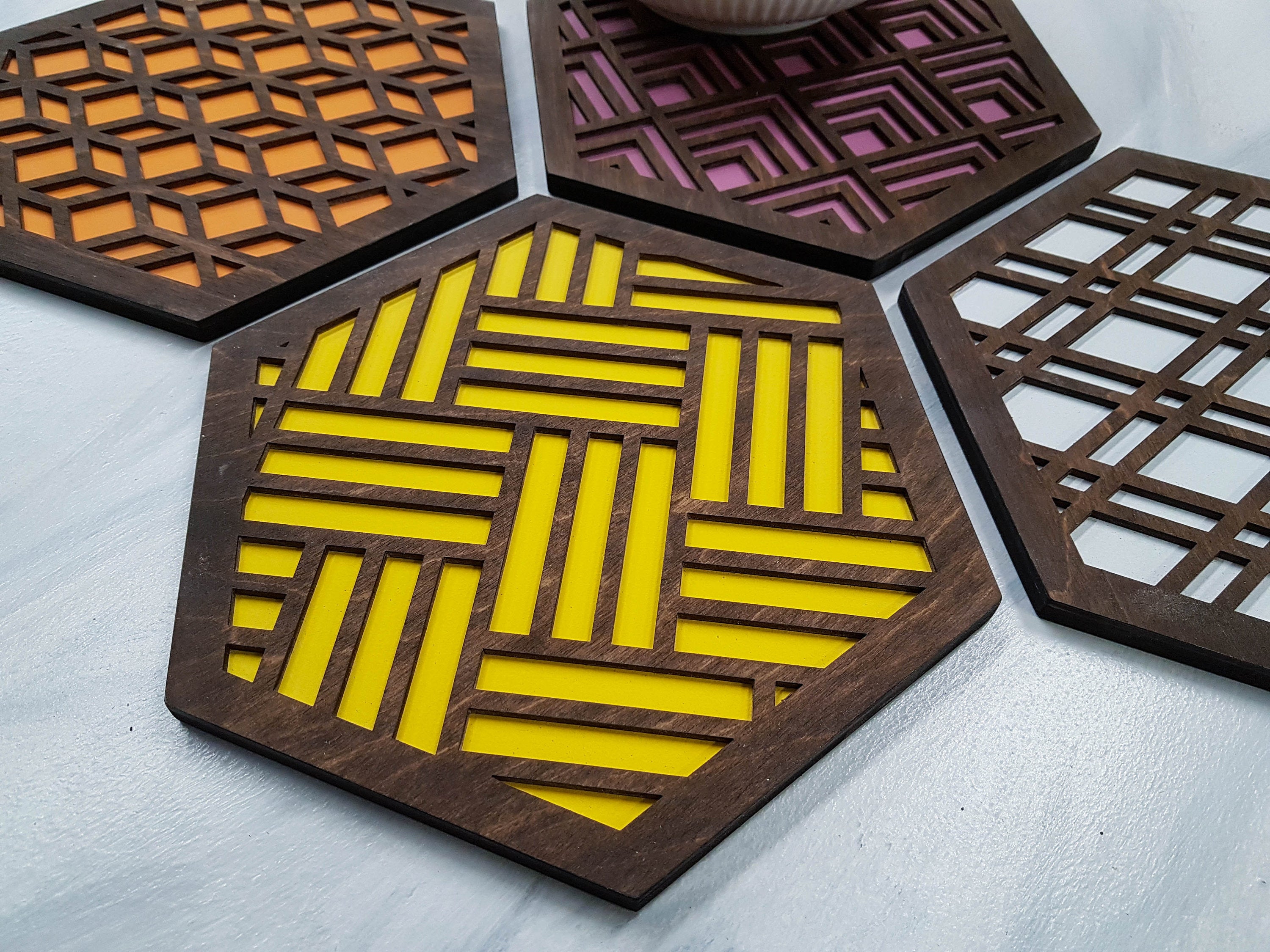 Modern Trivets, Custom Trivet Set, Colorful Trivet, Trivet For Plates, Dining Table Trivet, Unique Trivet, Geometric Houseware, Trivet Wood, Design walnut