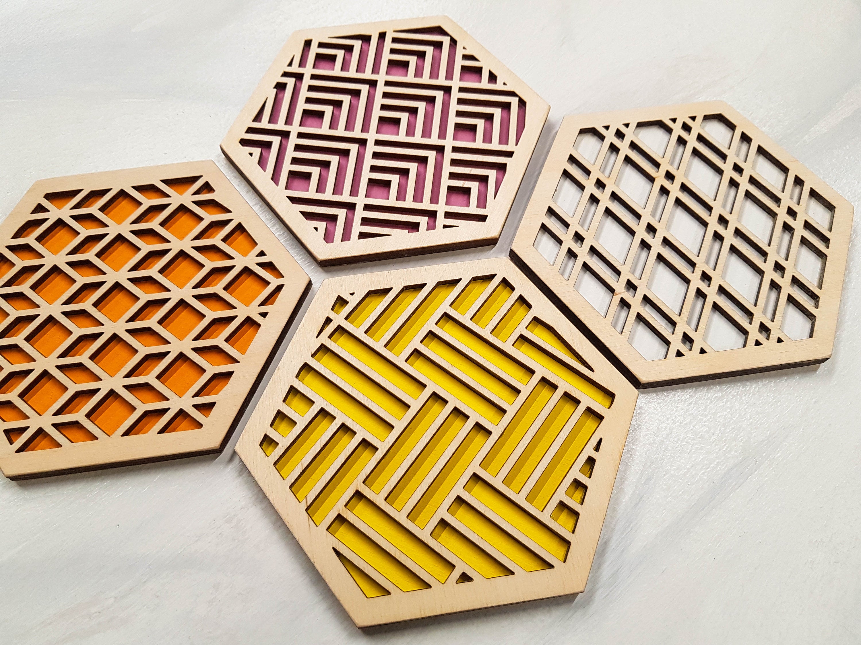 Hexagon Coaster, Fun Coaster, Modern Coaster, Geometric Coaster, Cool Unique Coaster, Wood Coaster Set, Coffer Table Coaster, grey warm